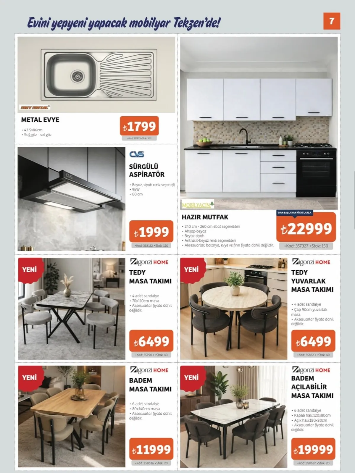 Tekzen Tekzen 8 Mayıs 2026 Aktüel Kataloğu sayfa 7: Cvs Sürgülü Aspiratör 95W 60Cm, Zigonzi Home Tedy Yuvarlak Masa Takimi 4 Sandalye 90Cm