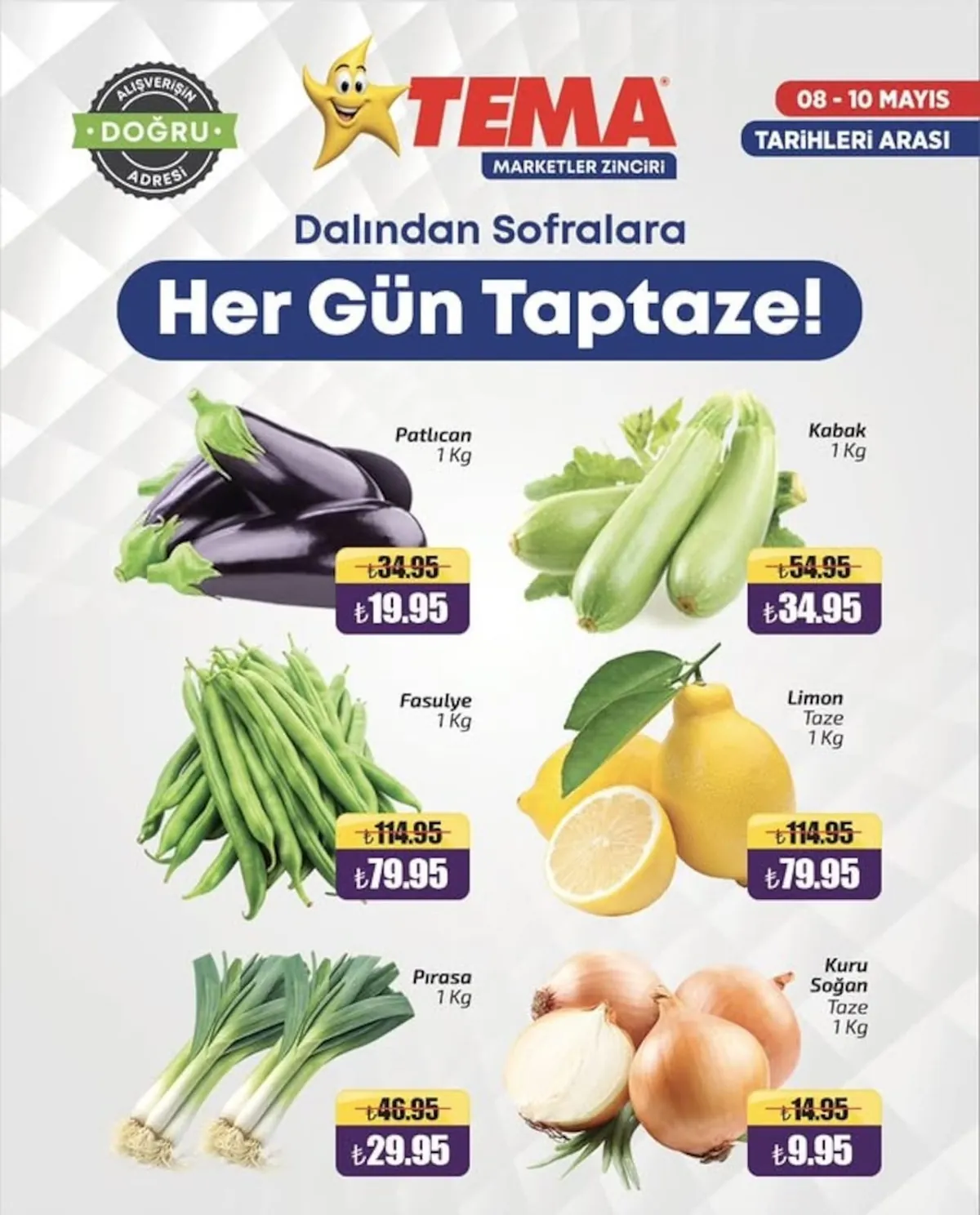 Tema Tema Market 8 Mayıs 2026 Aktüel Kataloğu sayfa 2: Pırasa 1 Kg, Patlıcan 1 Kg