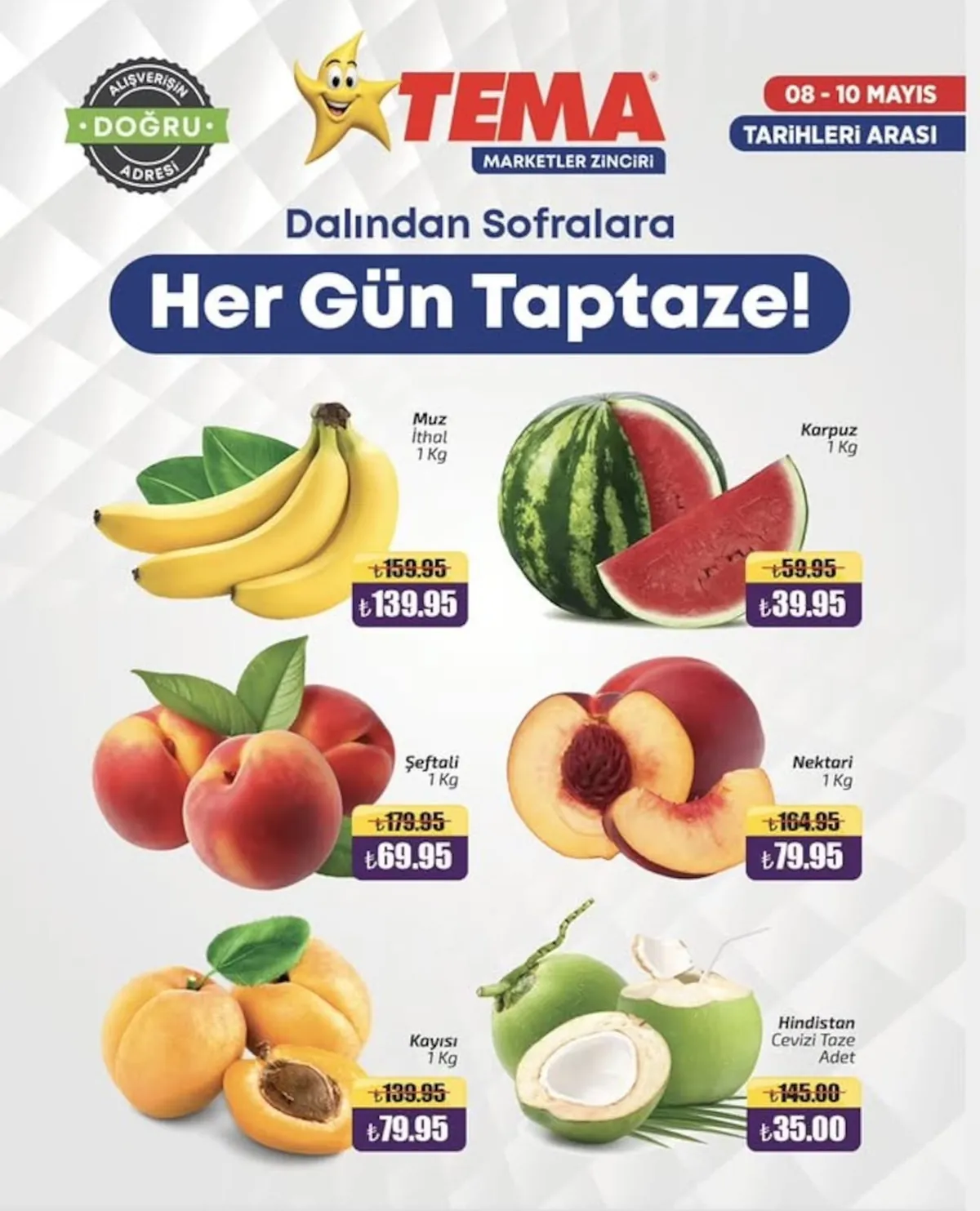 Tema Tema Market 8 Mayıs 2026 Aktüel Kataloğu sayfa 3: Nektari 1 Kg, Muz İthal 1 Kg