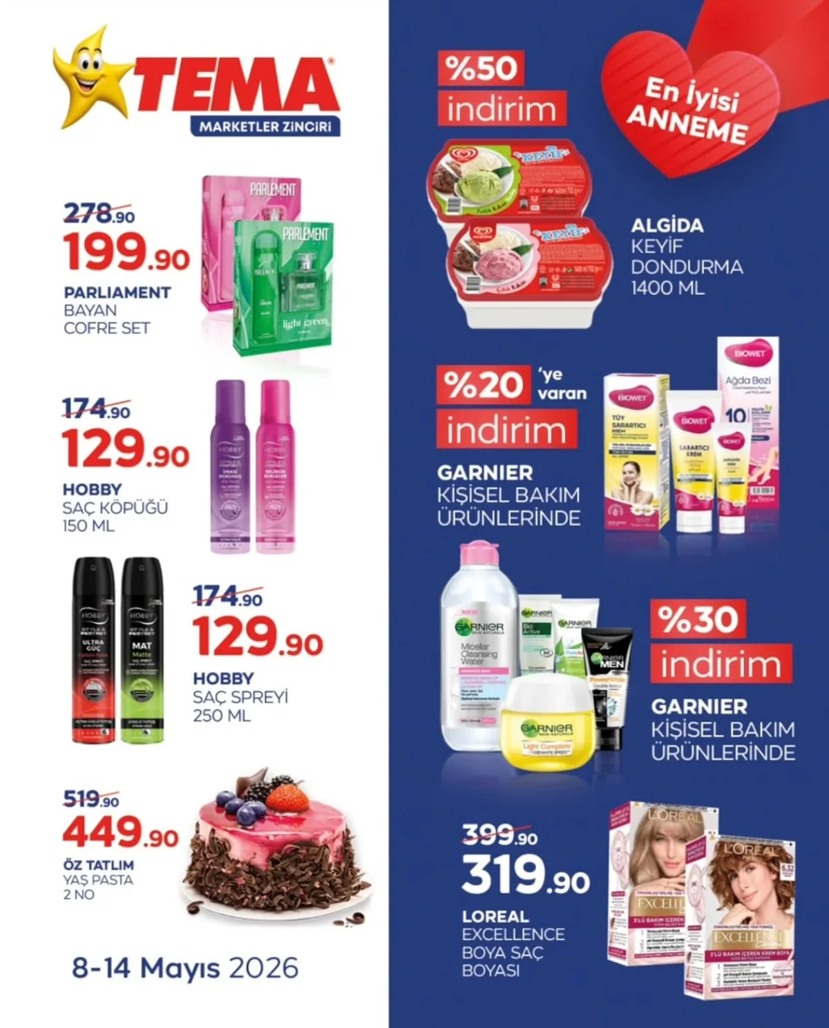 Tema Tema Market 8 Mayıs 2026 Aktüel Kataloğu sayfa 1: Loreal Excellence Boya Saç Boyasi, Parliament Bayan Cofre Set