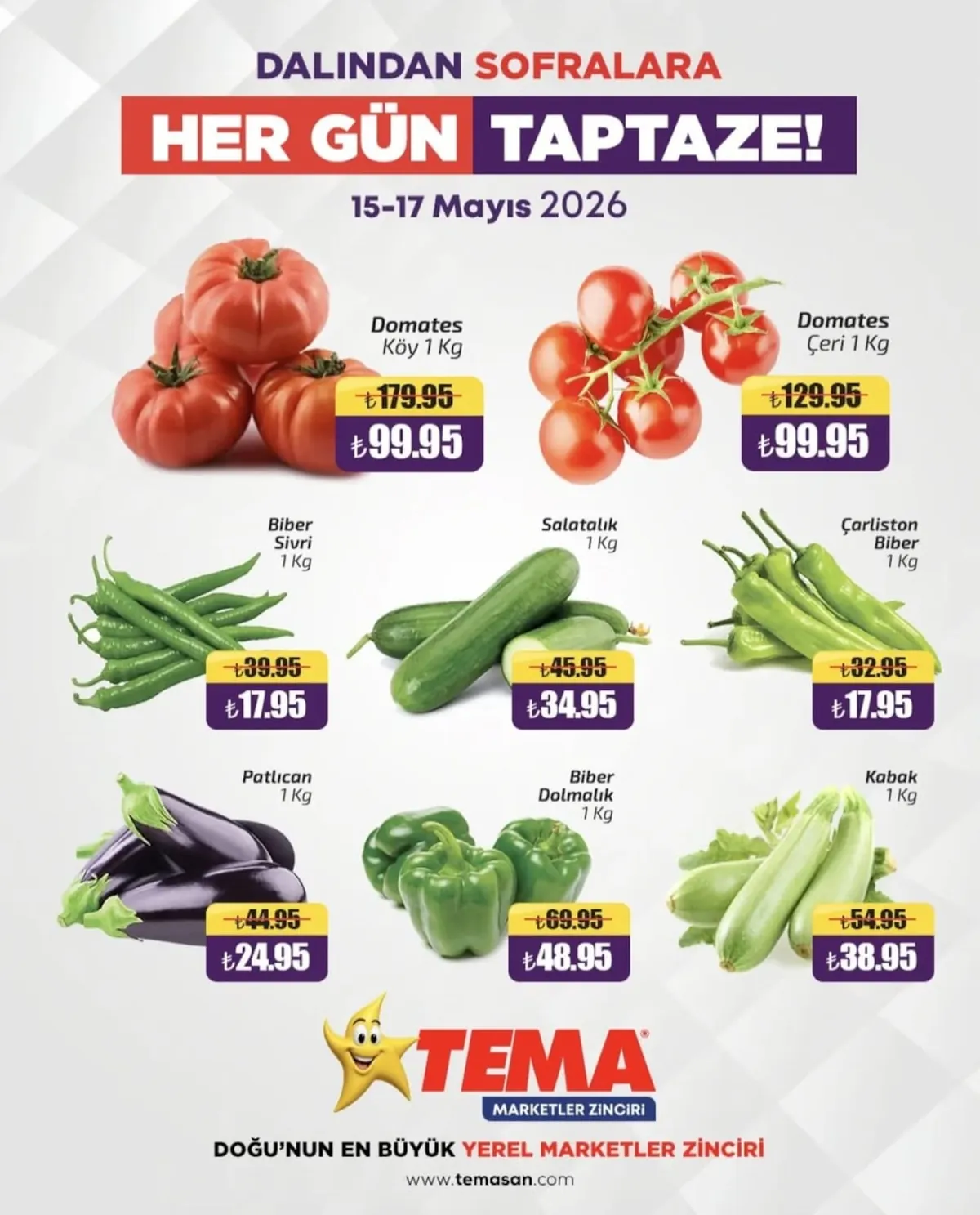 Tema Tema Market 15 Mayıs 2026 Aktüel Kataloğu sayfa 1: Çarliston Biber 1 Kg, Kabak 1 Kg