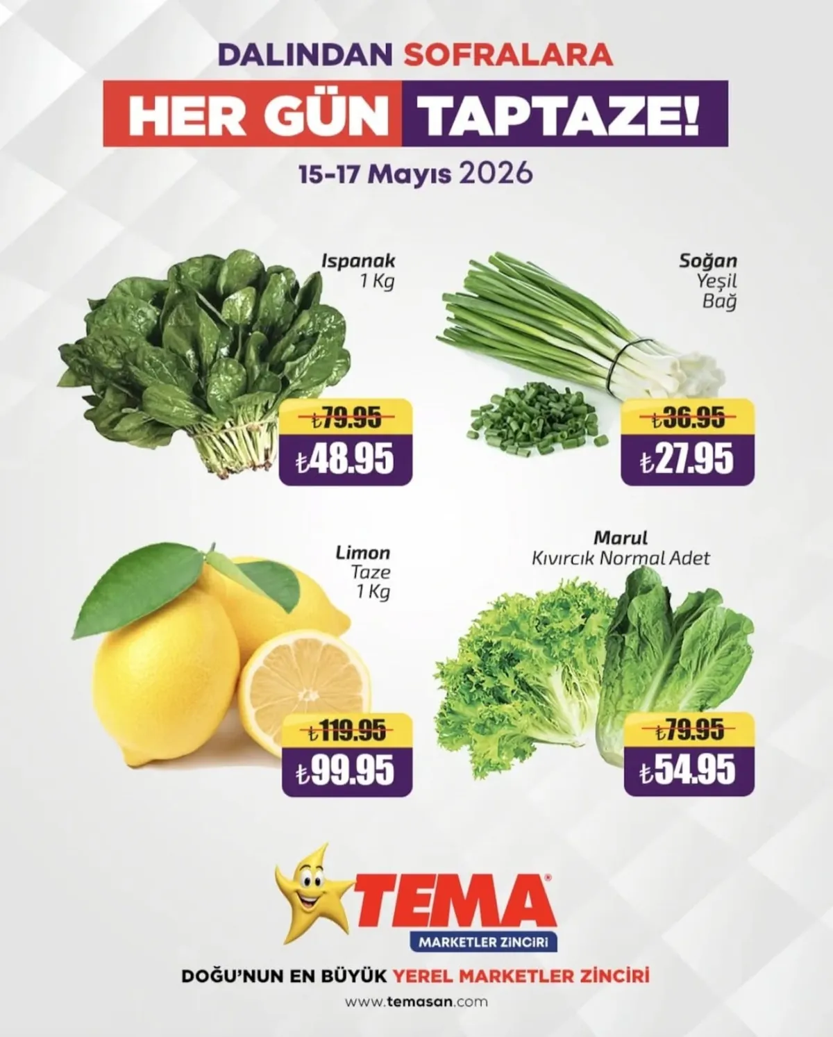 Tema Tema Market 15 Mayıs 2026 Aktüel Kataloğu sayfa 2: Soğan Yeşil Bağ, Ispanak 1 Kg
