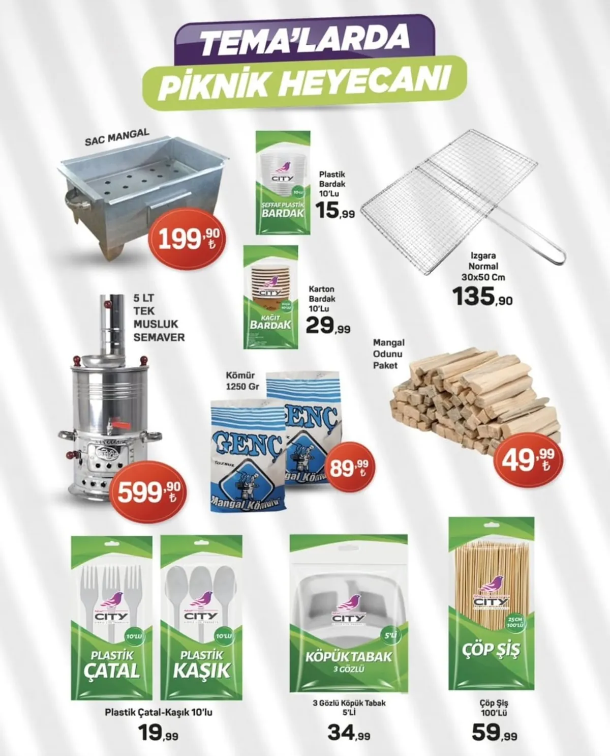Tema Tema Market 15 Mayıs 2026 Aktüel Kataloğu sayfa 10: City Köpük Tabak 3 Gözlü 5'Li, City Çöp Şiş 25 Cm 100'Lü