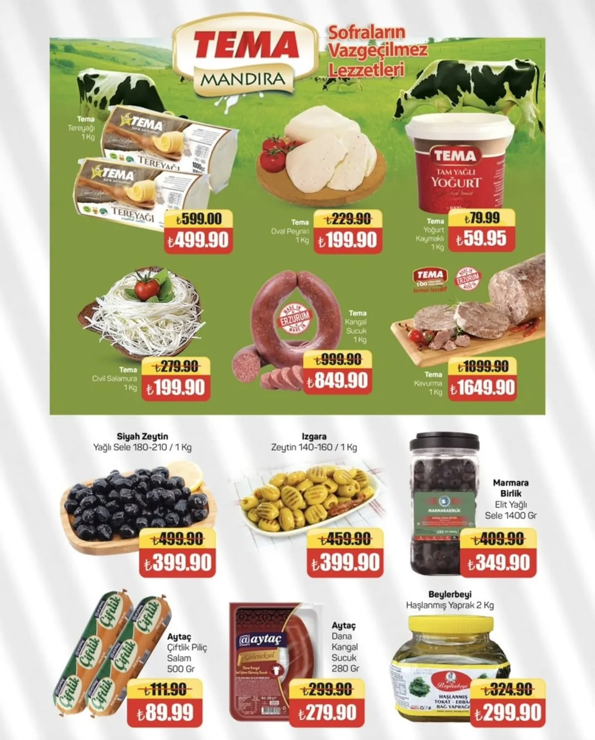 Tema Tema Market 15 Mayıs 2026 Aktüel Kataloğu sayfa 9: Aytac Dana Kangal Sucuk 280 Gr, Siyah Zeytin Yağli Sele 180-210 / 1 Kg