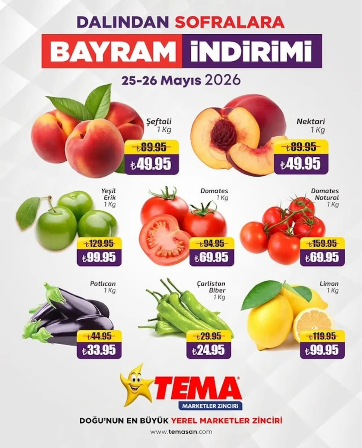 Tema Tema Market 25 Mayıs 2026 Aktüel Kataloğu sayfa 1: Limon 1 Kg, Patlican 1 Kg
