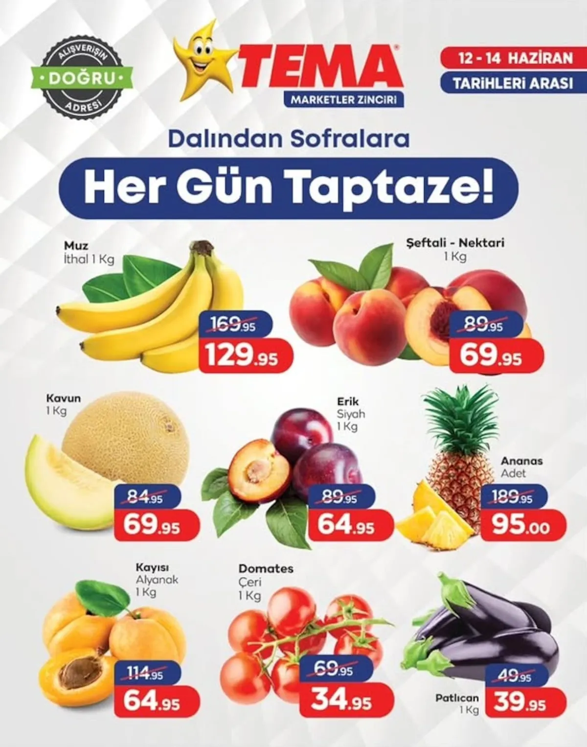 Tema Tema Market 12 Haziran 2026 Aktüel Kataloğu sayfa 2: Kayısı Alyanak 1 Kg, Patlıcan 1 Kg