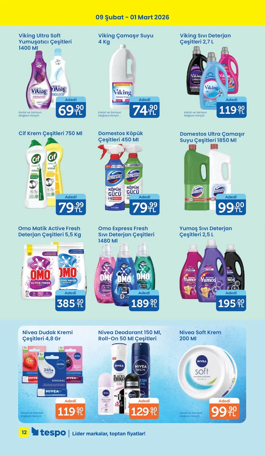 Tespo Tespo 9 Şubat 2026 Aktüel Kataloğu sayfa 12: Nivea Deodorant 150 Ml Roll-On 50 Ml Çeşitleri, Omo Express Fresh Sıvı Deterjan Çeşitleri 1480 Ml