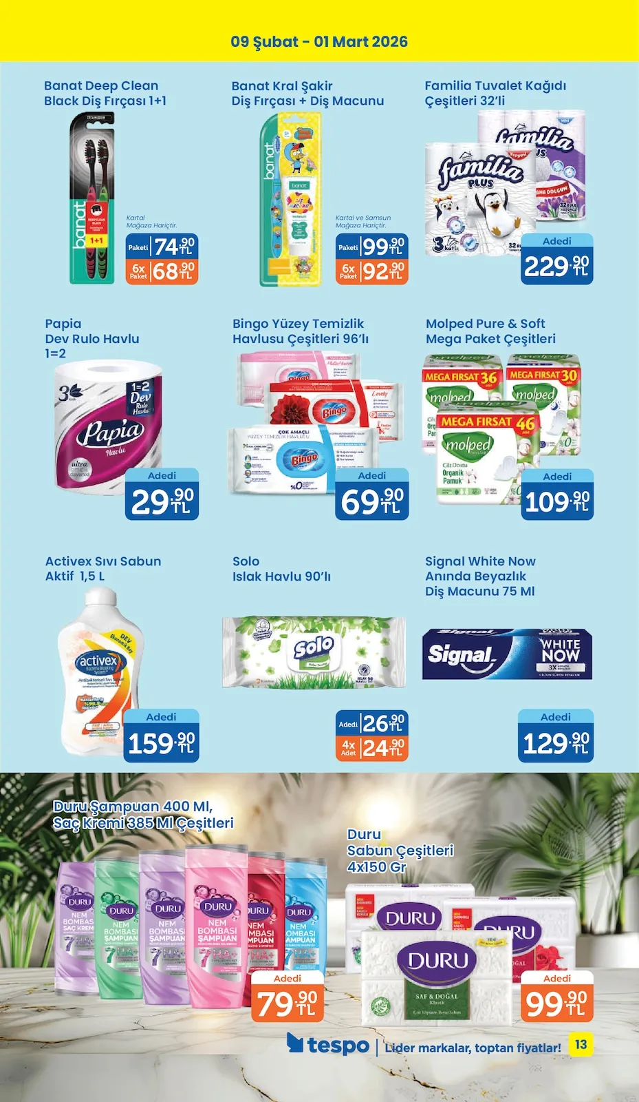 Tespo Tespo 9 Şubat 2026 Aktüel Kataloğu sayfa 13: Activex Sıvı Sabun Aktif 1,5 L, Papia Dev Rulo Havlu 1=2