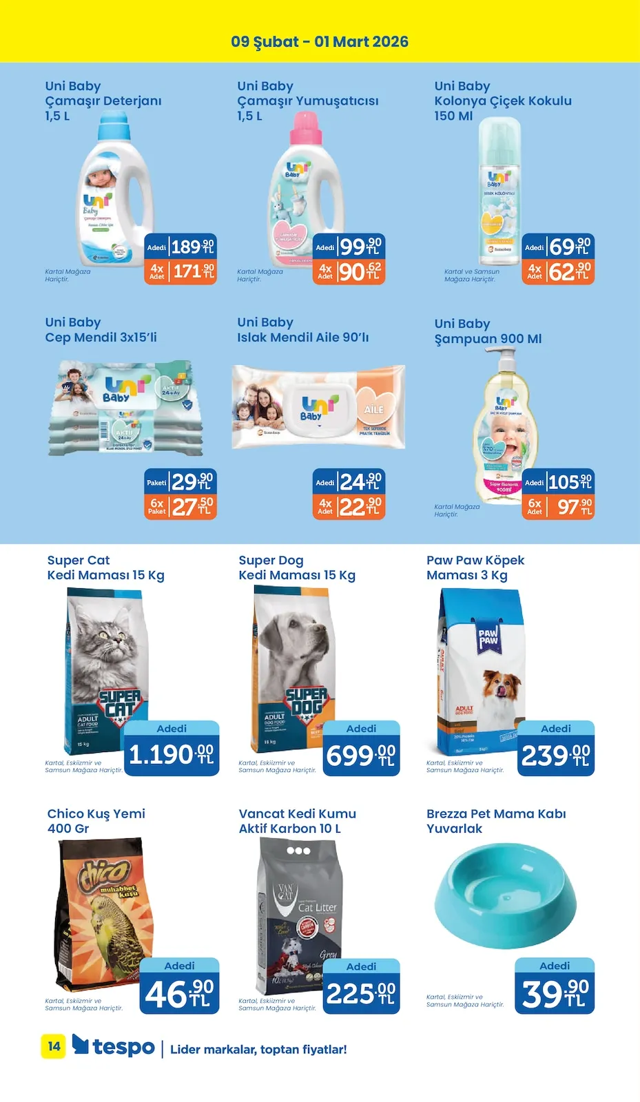 Tespo Tespo 9 Şubat 2026 Aktüel Kataloğu sayfa 14: Super Dog Kedi Maması 15 Kg, Vancat Kedi Kumu Aktif Karbon 10 L