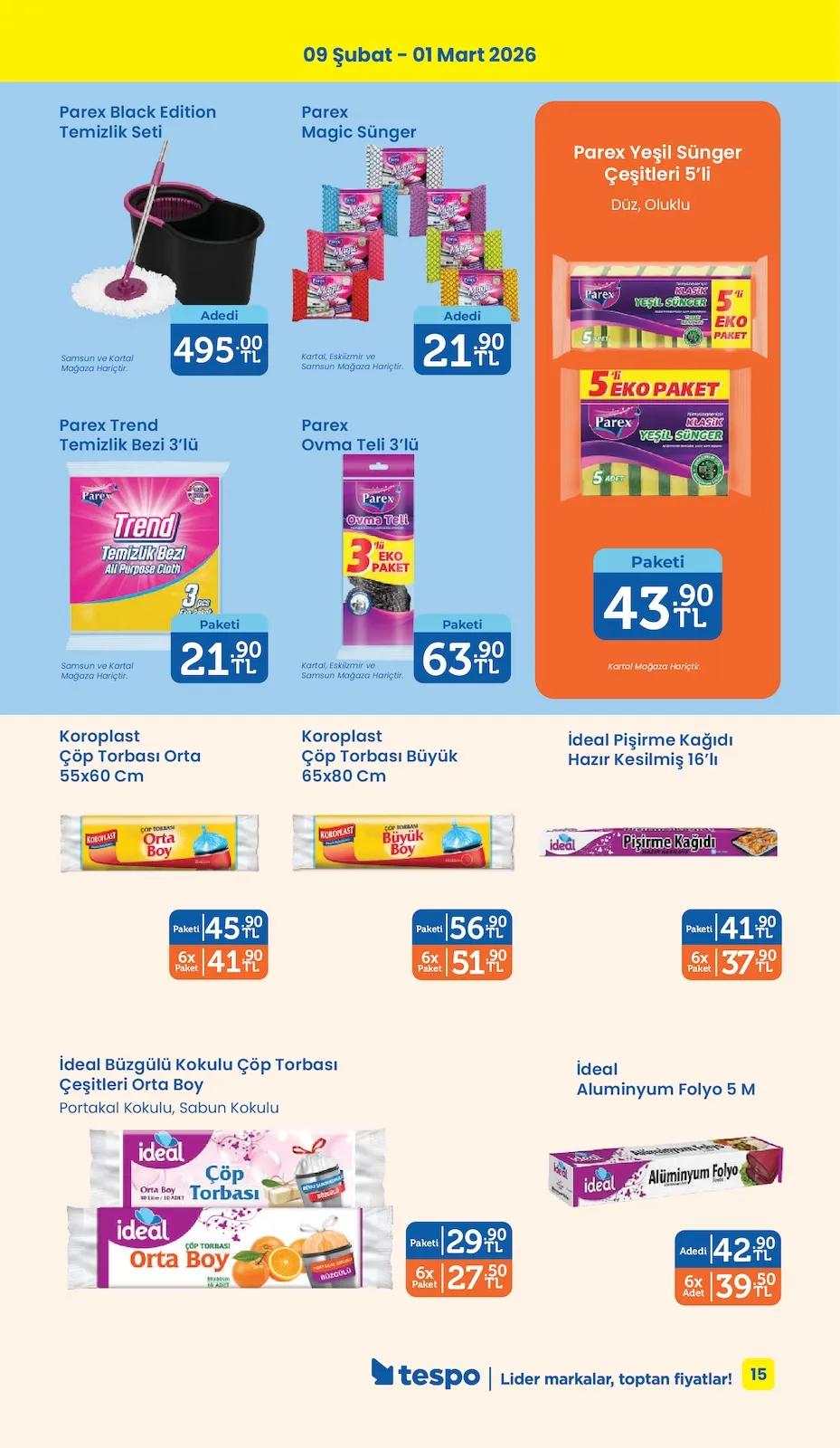 Tespo Tespo 9 Şubat 2026 Aktüel Kataloğu sayfa 15: Parex Ovma Teli 3'Lü, İdeal Büzgülü Kokulu Çöp Torbası Orta Boy