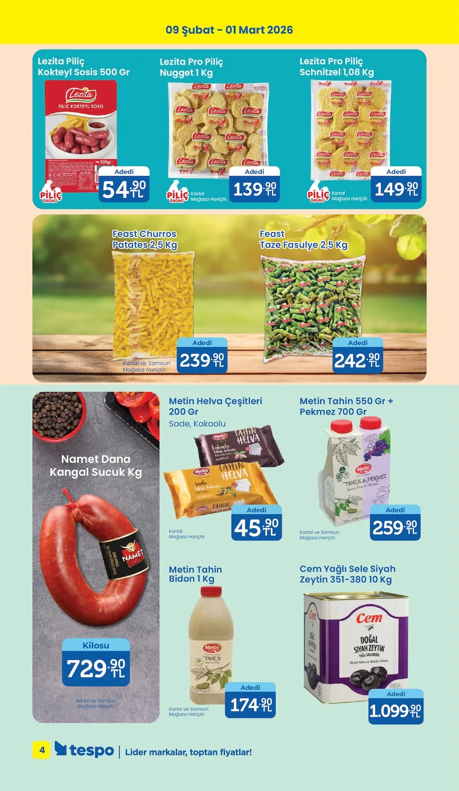 Tespo Tespo 9 Şubat 2026 Aktüel Kataloğu sayfa 4: Metin Tahin 550 Gr + Pekmez 700 Gr, Lezita Pro Piliç Schnitzel 1,08 Kg