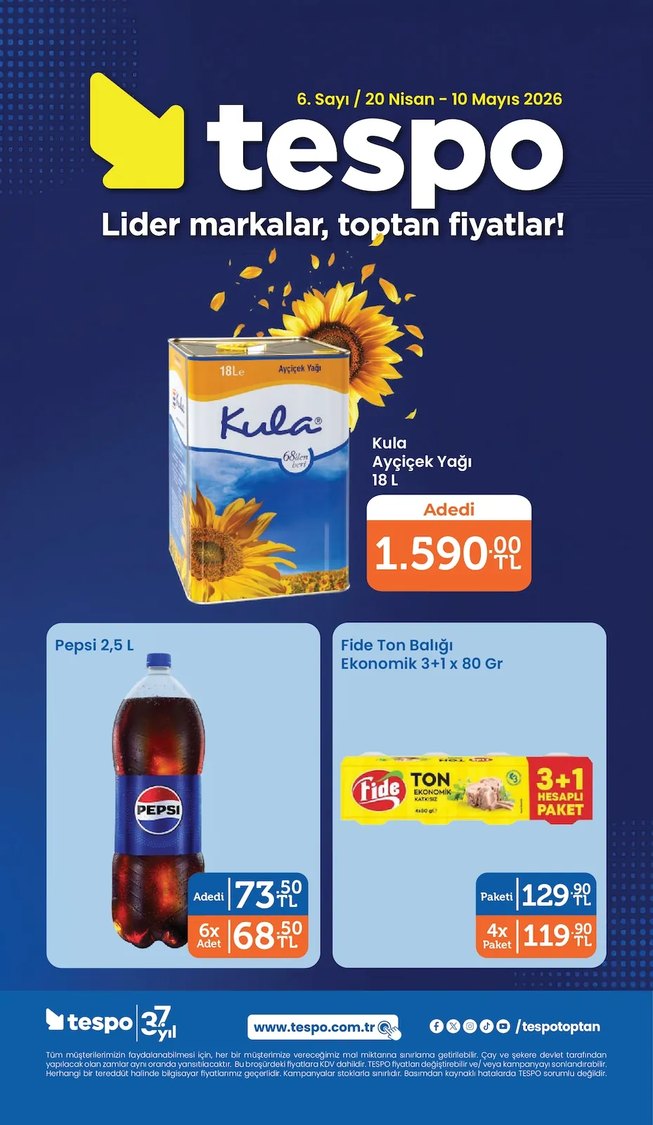 Tespo Tespo 20 Nisan 2026 Aktüel Kataloğu sayfa 1: Pepsi 2,5 L, Kula Ayçiçek Yağı 18 L
