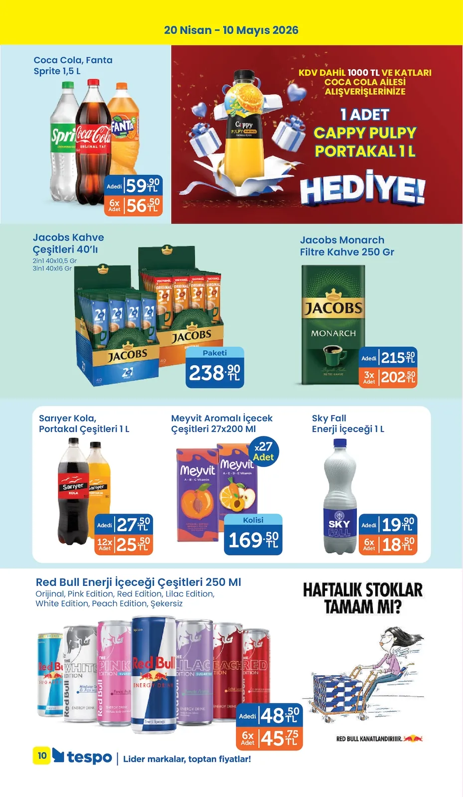 Tespo Tespo 20 Nisan 2026 Aktüel Kataloğu sayfa 10: Meyvit Aromalı İçecek Çeşitleri 27X200 Ml, Sariyer Kola, Portakal Çeşitleri 1 L