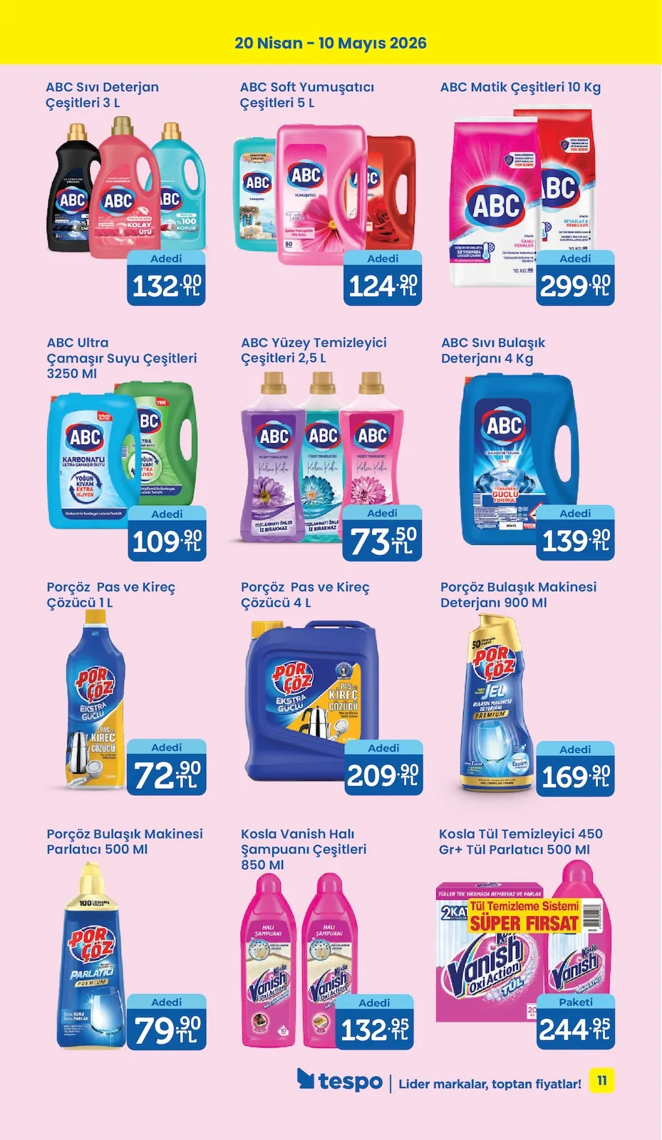Tespo Tespo 20 Nisan 2026 Aktüel Kataloğu sayfa 11: Porçöz Pas Ve Kireç Çözücü 4 L, Abc Sıvı Bulaşık Deterjanı 4 Kg
