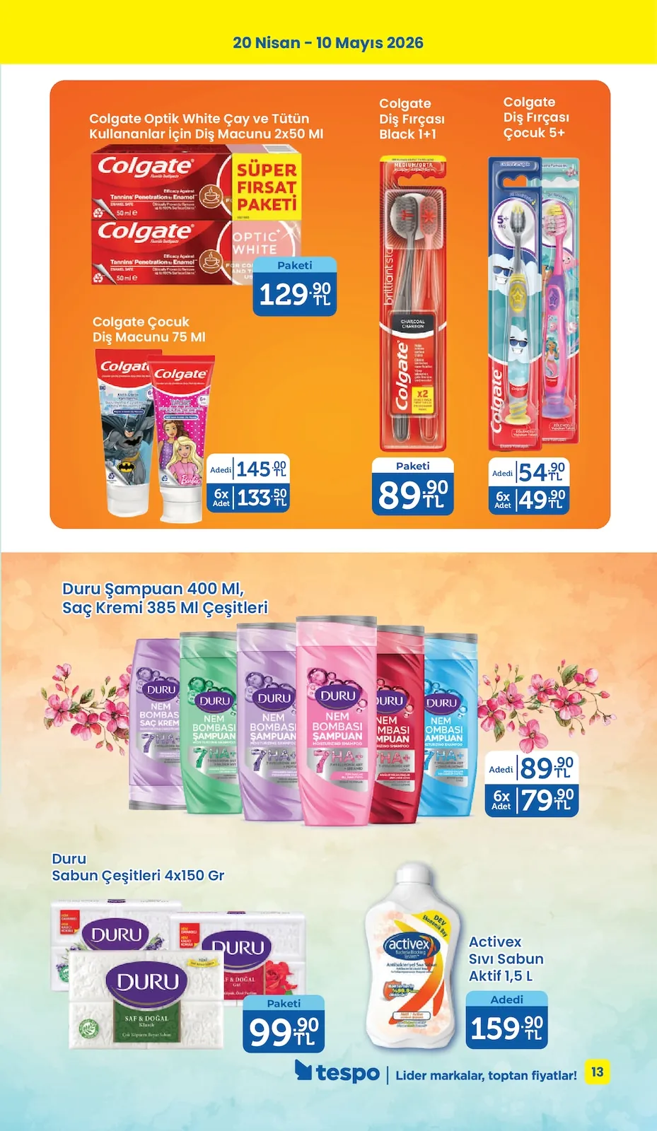 Tespo Tespo 20 Nisan 2026 Aktüel Kataloğu sayfa 13: Activex Sıvı Sabun Aktif 1,5 L, Duru Sabun Çeşitleri 4X150 Gr