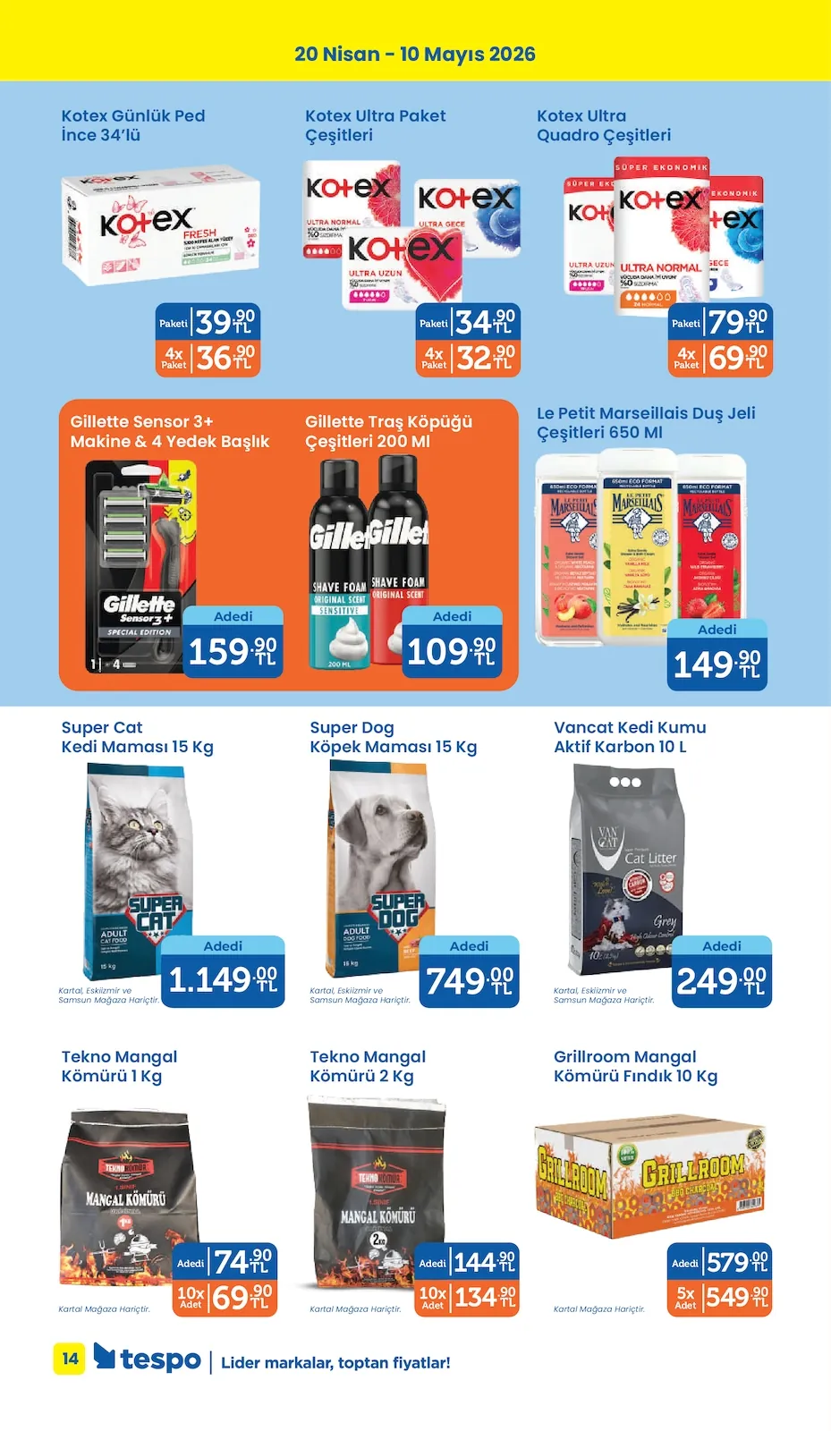 Tespo Tespo 20 Nisan 2026 Aktüel Kataloğu sayfa 14: Tekno Mangal Kömürü 2 Kg, Kotex Ultra Paket Çeşitleri