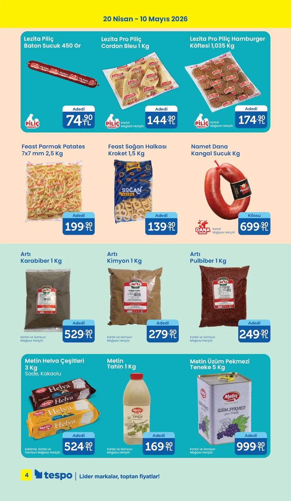 Tespo Tespo 20 Nisan 2026 Aktüel Kataloğu sayfa 4: Lezita Pro Piliç Hamburger Köftesi 1,035 Kg, Feast Soğan Halkası Kroket 1,5 Kg