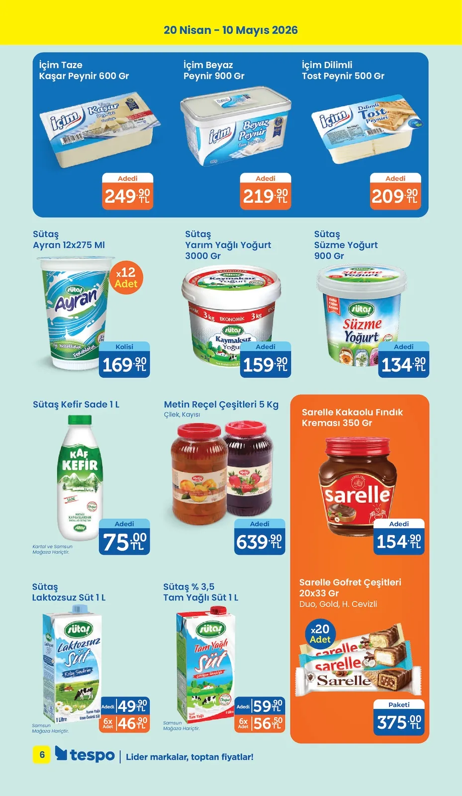 Tespo Tespo 20 Nisan 2026 Aktüel Kataloğu sayfa 6: İçim Beyaz Peynir 900 Gr, Sütaş Yarim Yağli Yoğurt 3000 Gr