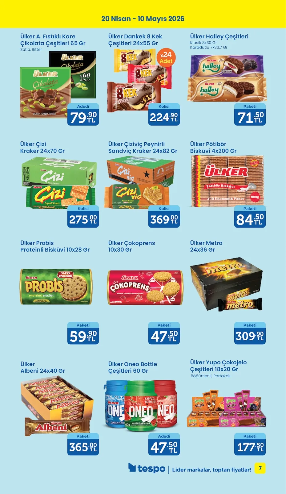 Tespo Tespo 20 Nisan 2026 Aktüel Kataloğu sayfa 7: Ülker Oneo Bottle Çeşitleri 60 Gr, Ülker Pötibör Bisküvi 4X200 Gr