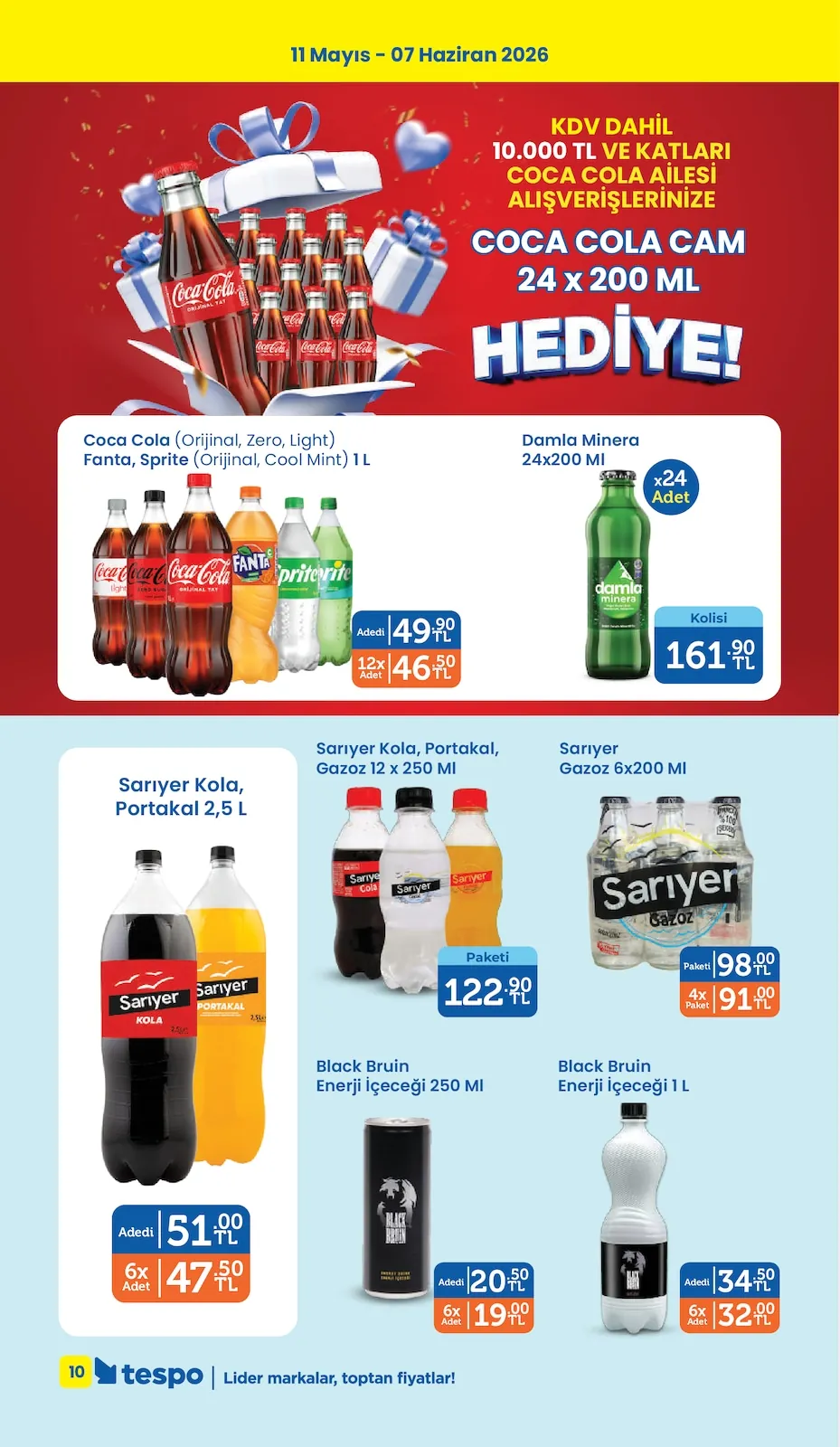 Tespo Tespo 11 Mayıs 2026 Aktüel Kataloğu sayfa 10: Black Bruin Enerji İçeceği 1 L, Sarıyer Gazoz 6X200 Ml