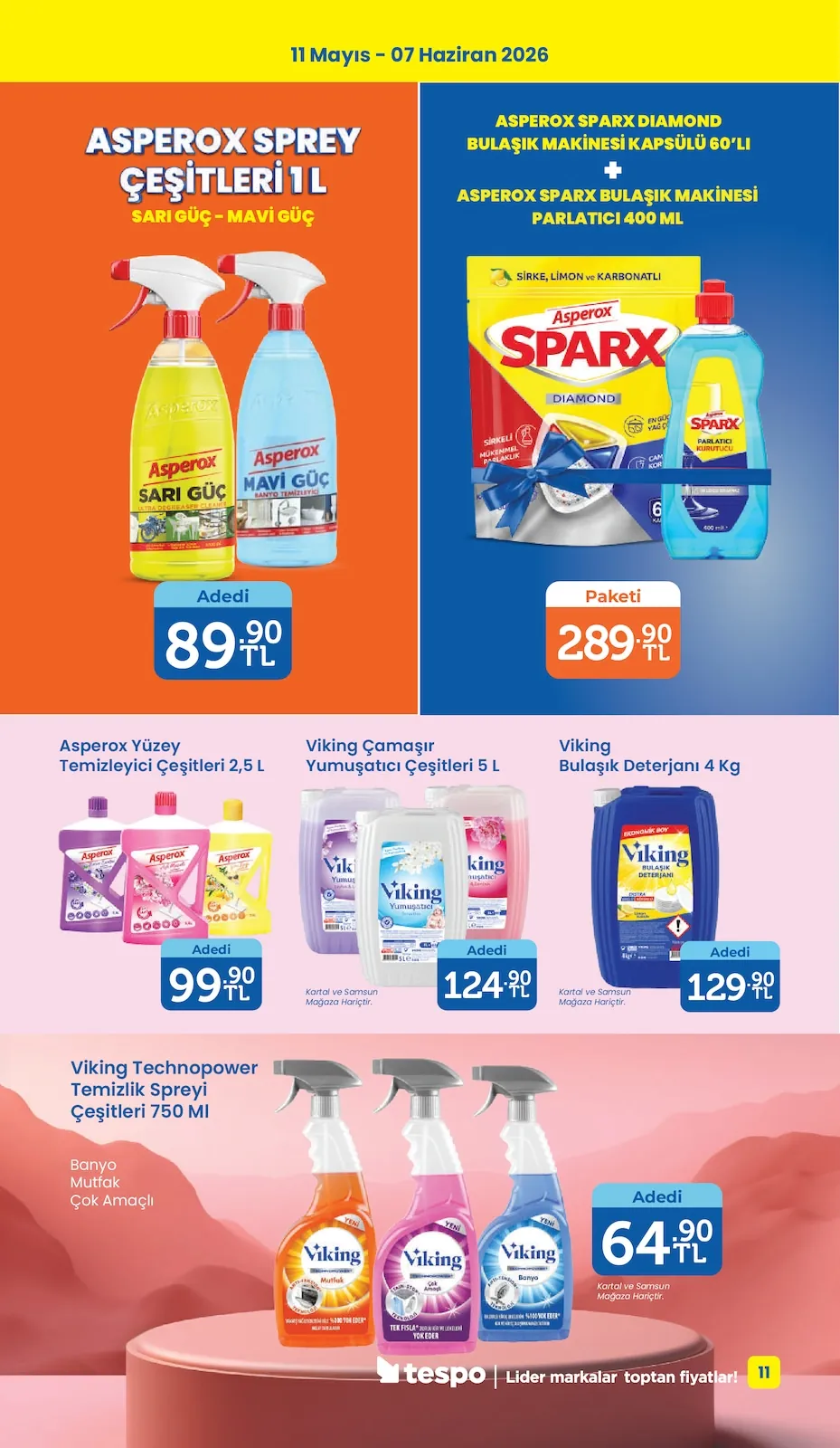 Tespo Tespo 11 Mayıs 2026 Aktüel Kataloğu sayfa 11: Aspirox Sparx Diamond Sırke Limon Ve Karbonatlı Bulaşık Deterjanı Paketi Deterjan Kutusu 400Ml, Aspirox Sprey Çeşitleri 1L Sarı Güç Mavi Güç