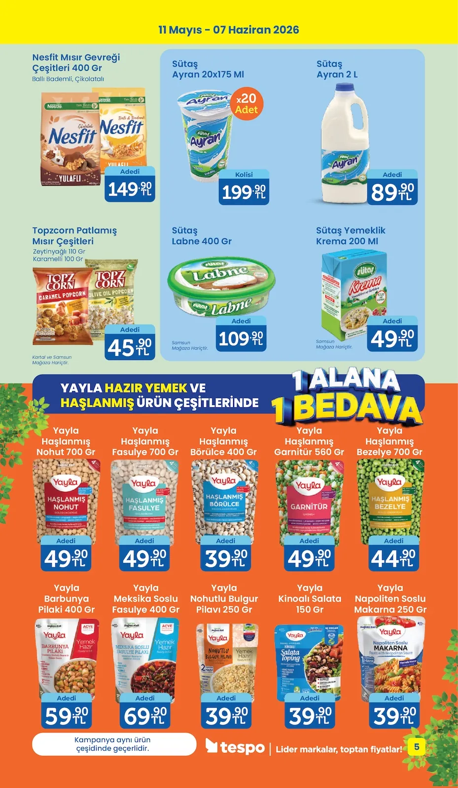 Tespo Tespo 11 Mayıs 2026 Aktüel Kataloğu sayfa 5: Sütaş Labne 400 Gr, Nesfit Mısır Gevreği Çeşitleri 400 Gr