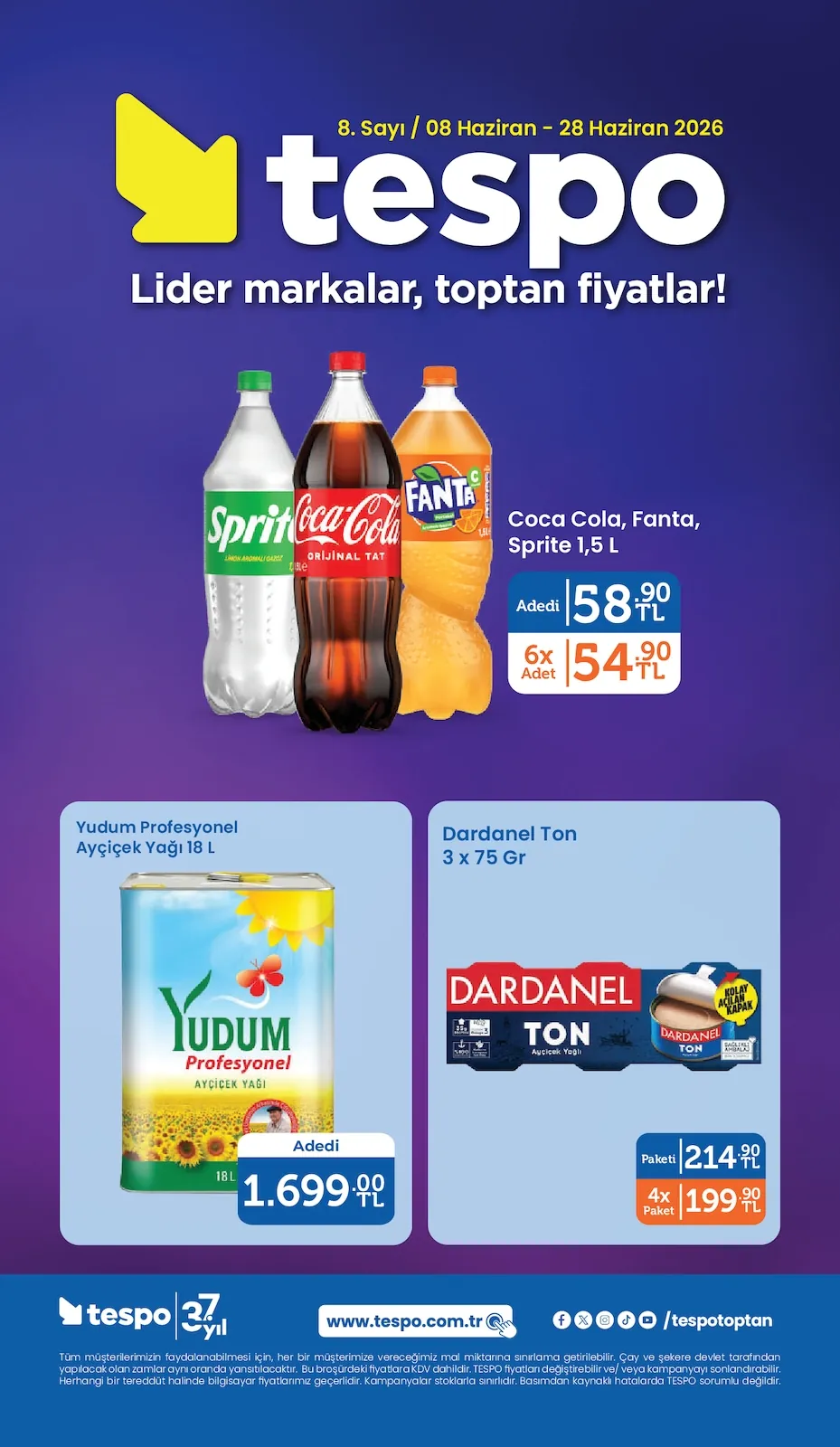 Tespo Tespo 8 Haziran 2026 Aktüel Kataloğu sayfa 1: Coca Cola, Fanta, Sprite 1.5 L, Dardanel Ton 3 X 75 Gr