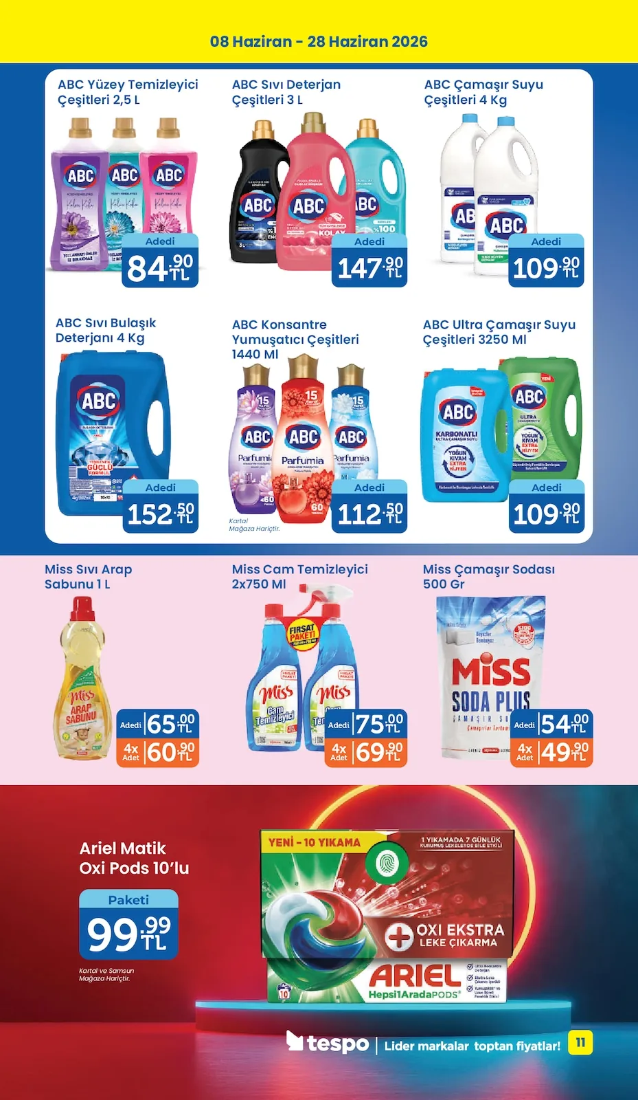 Tespo Tespo 8 Haziran 2026 Aktüel Kataloğu sayfa 11: Miss Çamaşır Sodası 500 Gr, Abc Sıvı Bulaşık Deterjanı 4 Kg