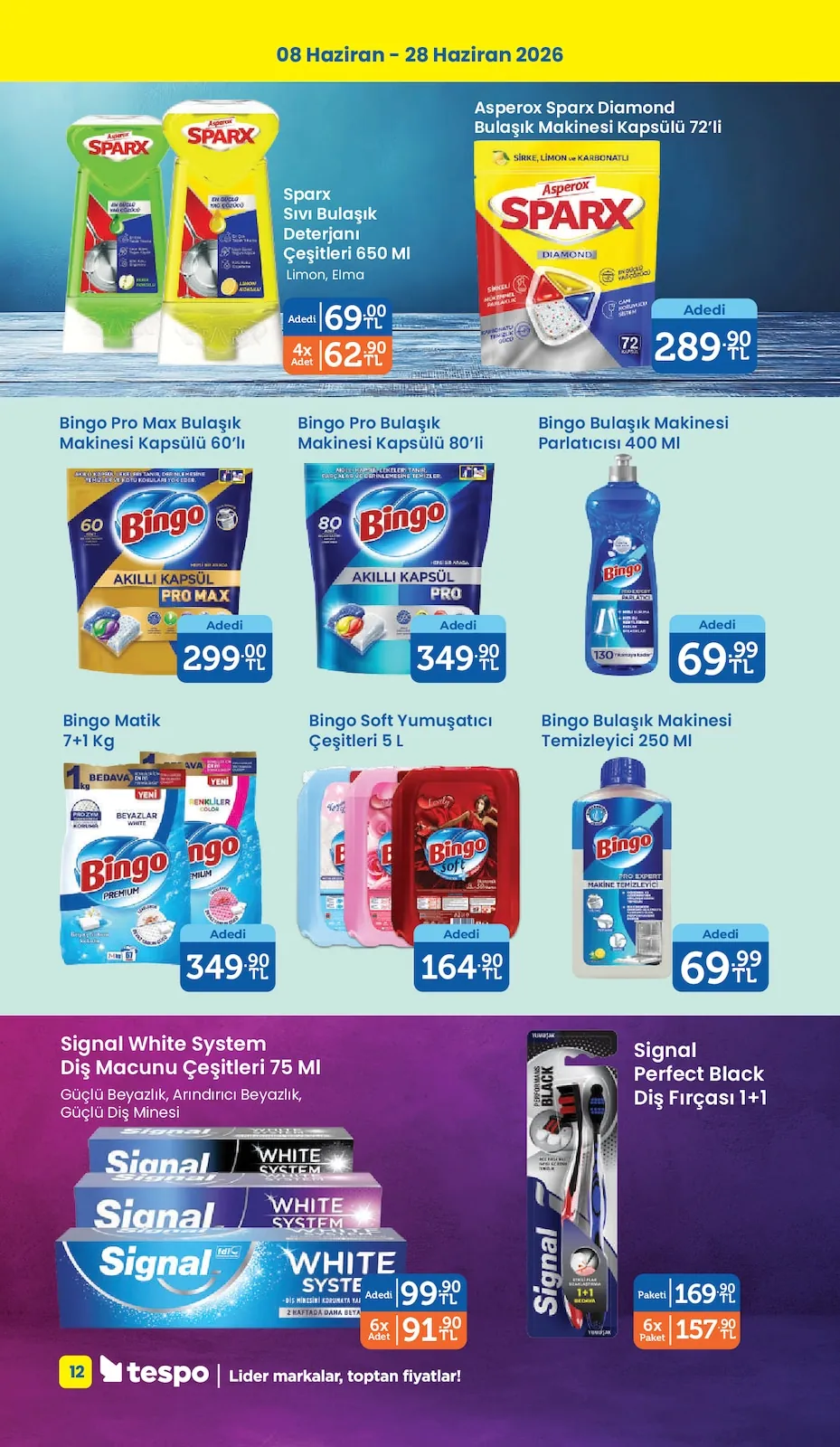 Tespo Tespo 8 Haziran 2026 Aktüel Kataloğu sayfa 12: Sparx Sıvı Bulaşık Deterjanı Çeşitleri 650 Ml, Signal Perfect Black Diş Fırçası 1+1
