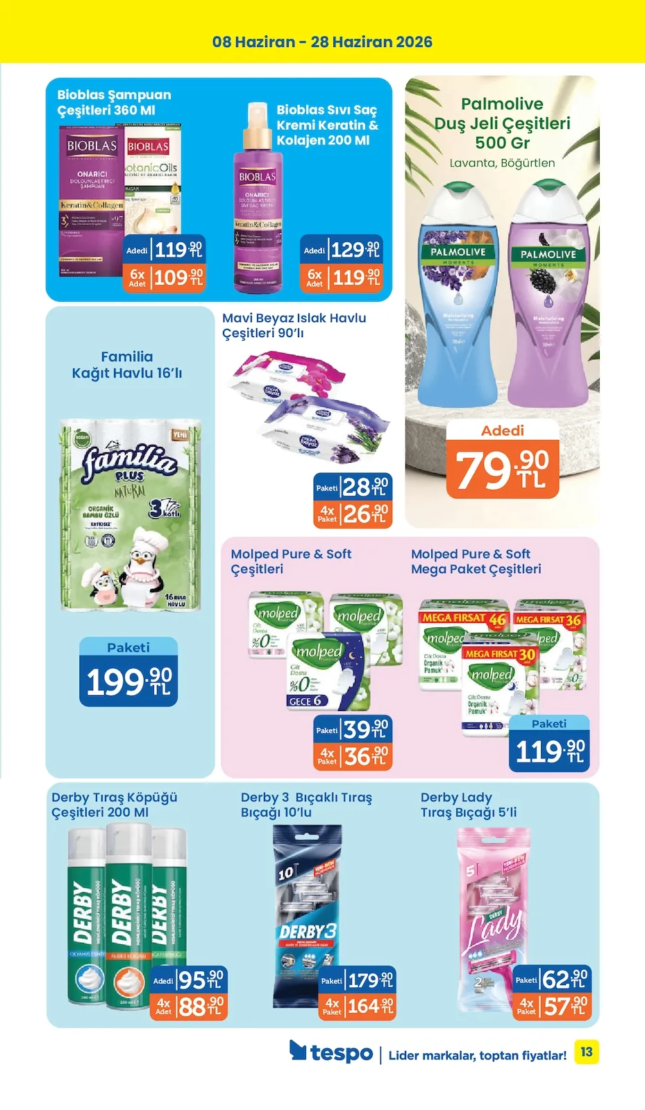 Tespo Tespo 8 Haziran 2026 Aktüel Kataloğu sayfa 13: Derby Tıraş Köpüğü Çeşitleri 200 Ml, Palmolive Duş Jeli Çeşitleri 500 Gr