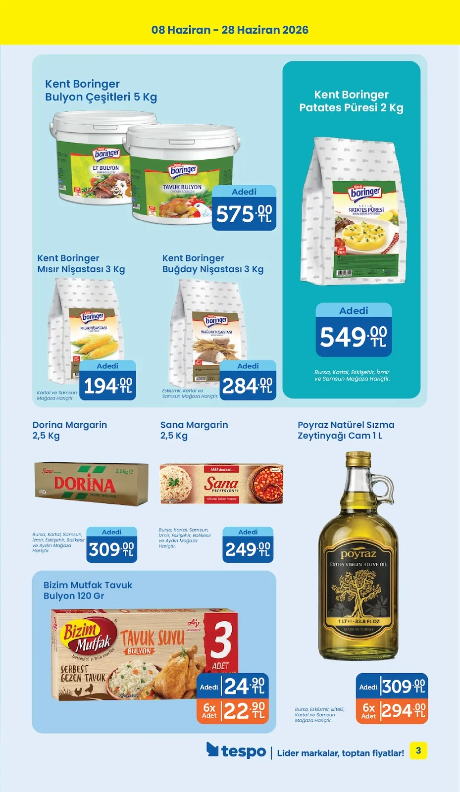 Tespo Tespo 8 Haziran 2026 Aktüel Kataloğu sayfa 3: Kent Boringer Buğday Nişastası 3 Kg, Kent Boringer Mısır Nişastası 3 Kg