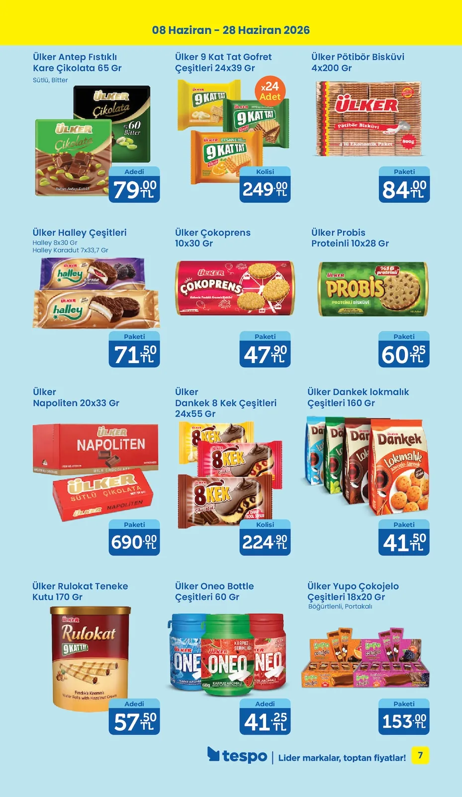 Tespo Tespo 8 Haziran 2026 Aktüel Kataloğu sayfa 7: Ülker Çokoprens 10X30 Gr, Ülker Dankek 8 Kek Çeşitleri 24X55 Gr