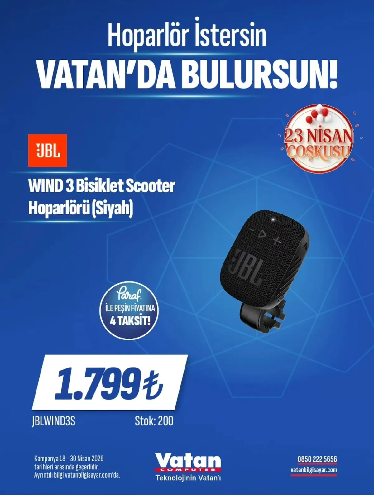 Vatan Vatan Bilgisayar 18 Nisan 2026 Aktüel Kataloğu sayfa 1: Jbl Wind 3 Bisiklet Scooter Hoparlörü (Siyah)