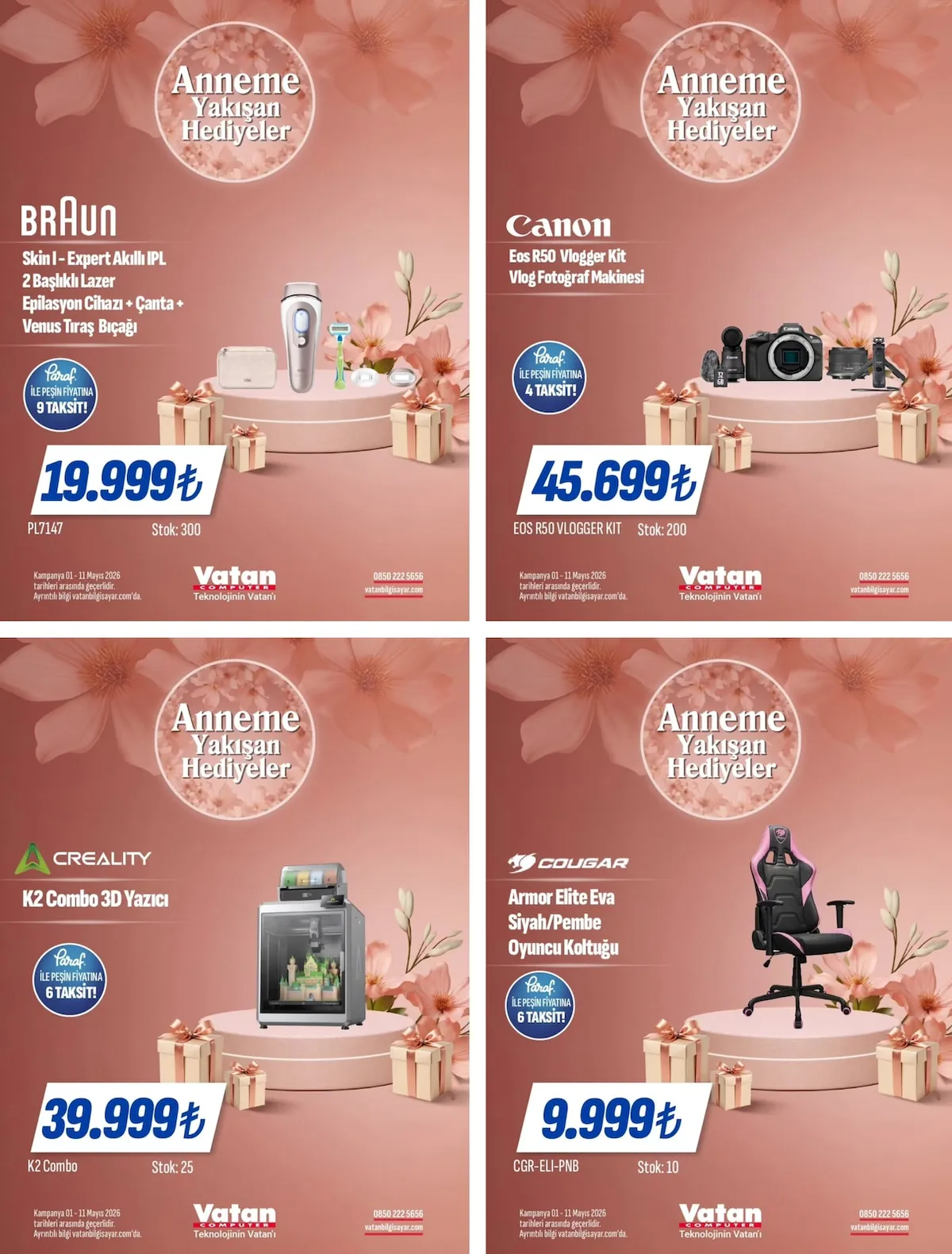 Vatan Vatan Bilgisayar 1 Mayıs 2026 Aktüel Kataloğu sayfa 4: Braun Skin I-Expert Akıllı Ipl 2 Başlıklı Lazer Epilasyon Cihazı + Çanta + Venus Tıraş Bıçağı, Canon Eos R50 Vlogger Kit Vlog Fotoğraf Makinesi