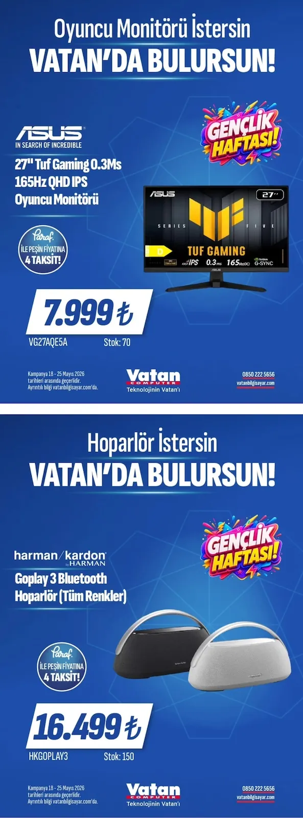 Vatan Vatan Bilgisayar 18 Mayıs 2026 Aktüel Kataloğu sayfa 1: Asus Tuf Gaming 27" 0.3Ms 165Hz Qhd Ips Oyuncu Monitörü, Harman Kardon Goplay 3 Bluetooth Hoparlör