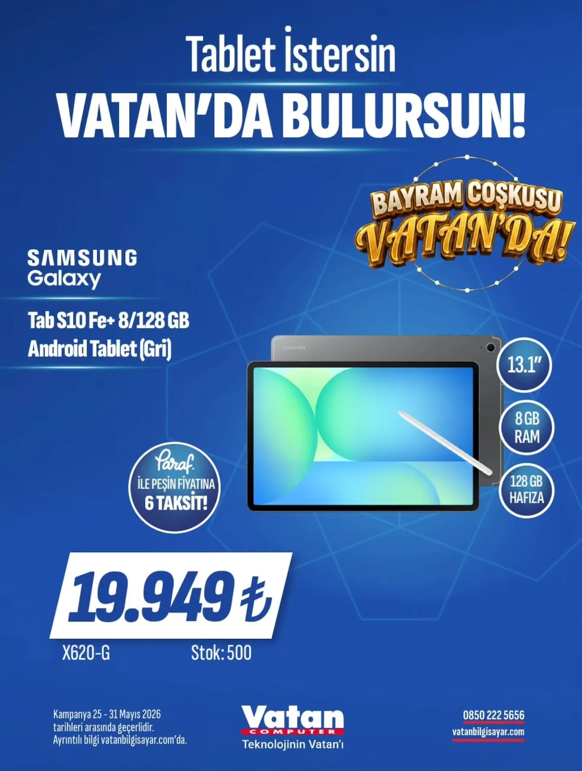 Vatan Vatan Bilgisayar 25 Mayıs 2026 Aktüel Kataloğu sayfa 1: Samsung Galaxy Tab S10 Fe+ 8/128 Gb Android Tablet (Gri)