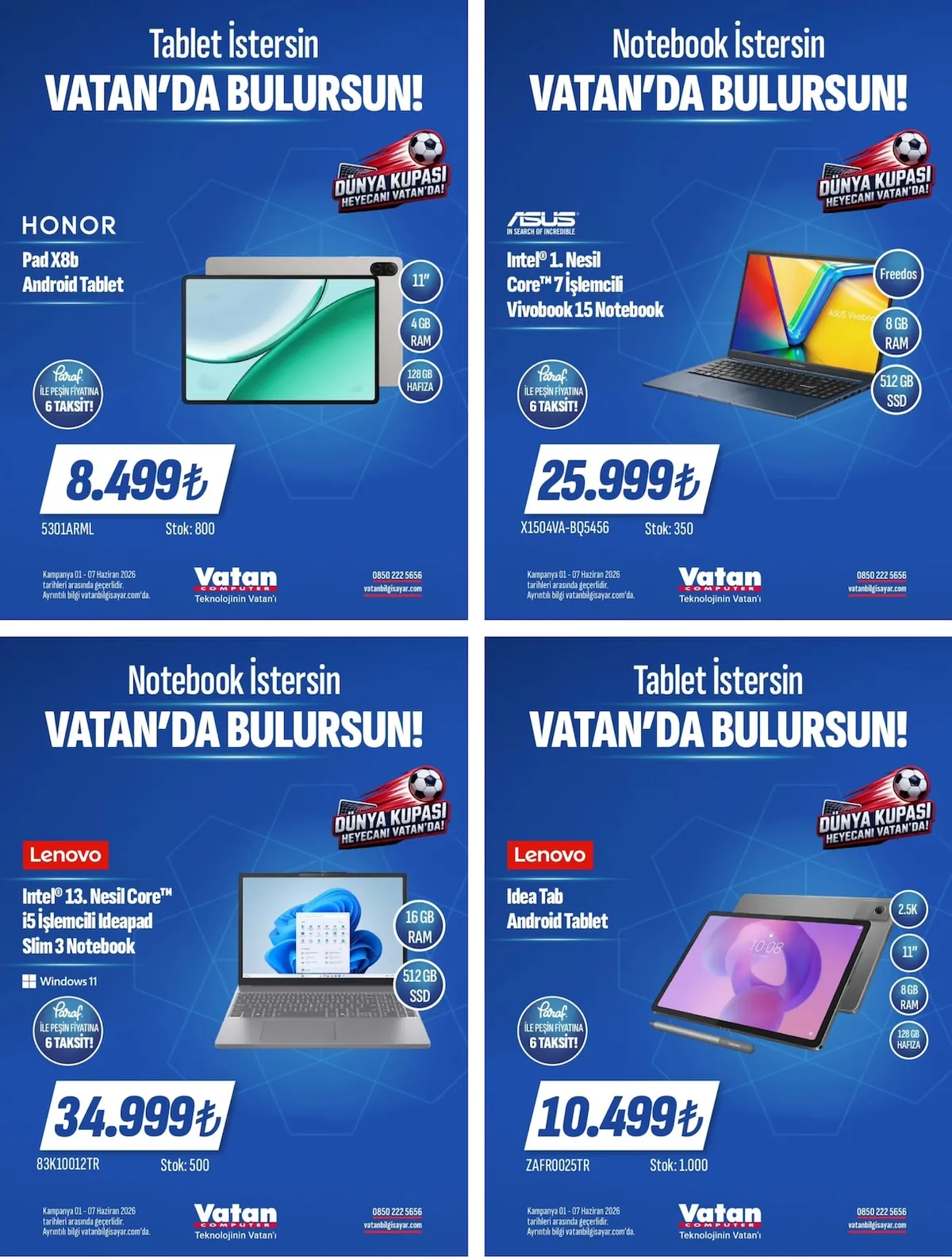 Vatan Vatan Bilgisayar 1 Haziran 2026 Aktüel Kataloğu sayfa 1: Asus Vivobook 15 Notebook, Honor Pad X8B Android Tablet