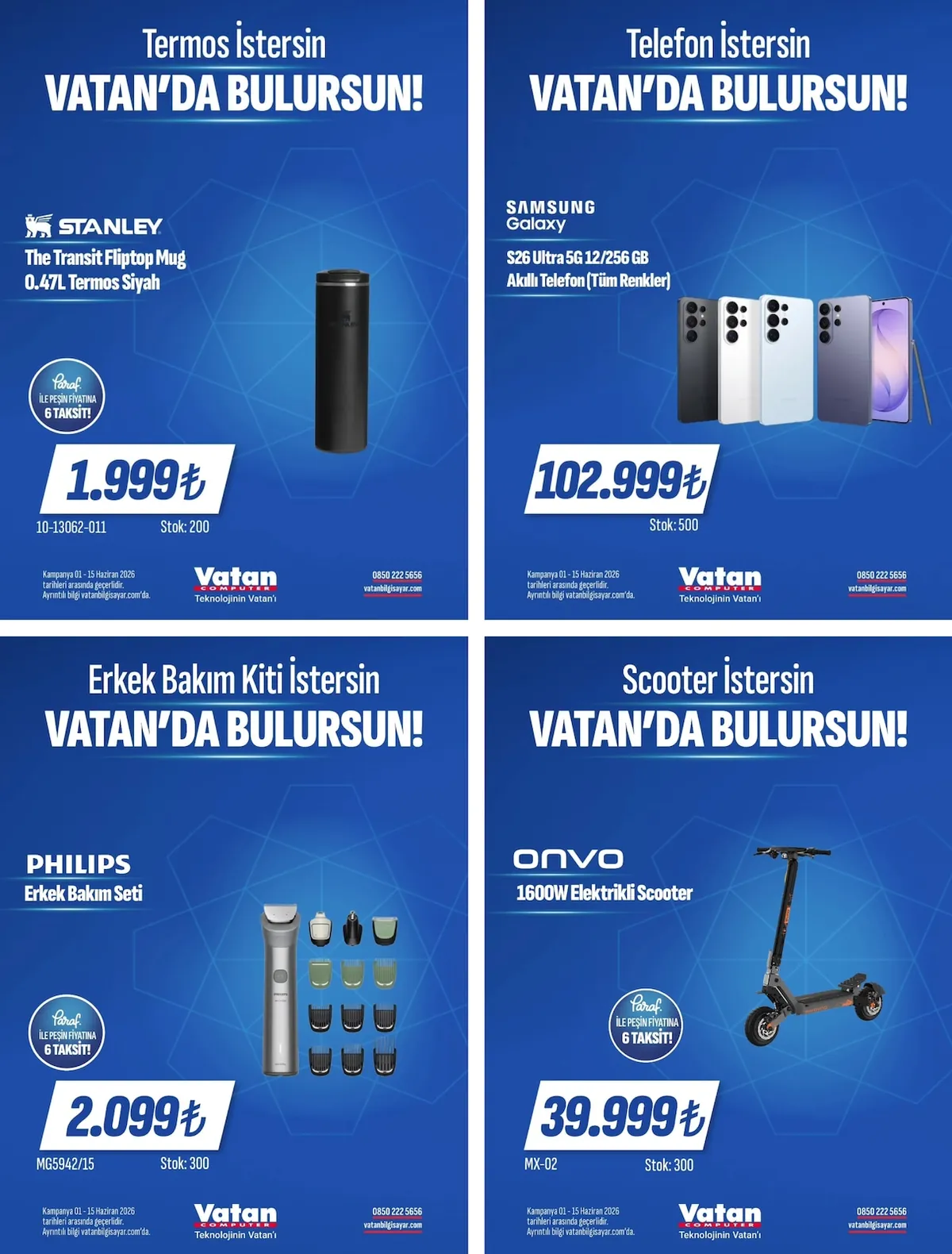 Vatan Vatan Bilgisayar 1 Haziran 2026 Aktüel Kataloğu sayfa 4: Stanley The Transit Fliptop Mug 0.47L Termos Siyah, Samsung Galaxy S26 Ultra 5G 12/256 Gb Akıllı Telefon