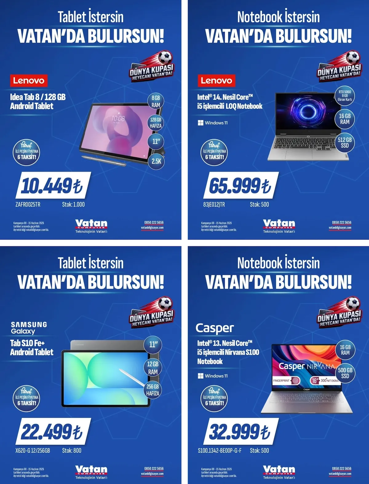 Vatan Vatan Bilgisayar 8 Haziran 2026 Aktüel Kataloğu sayfa 1: Samsung Galaxy Tab S10 Fe+ Android Tablet, Casper Intel® 13. Nesil Core™ I5 Işlemcili Nirvana S100 Notebook
