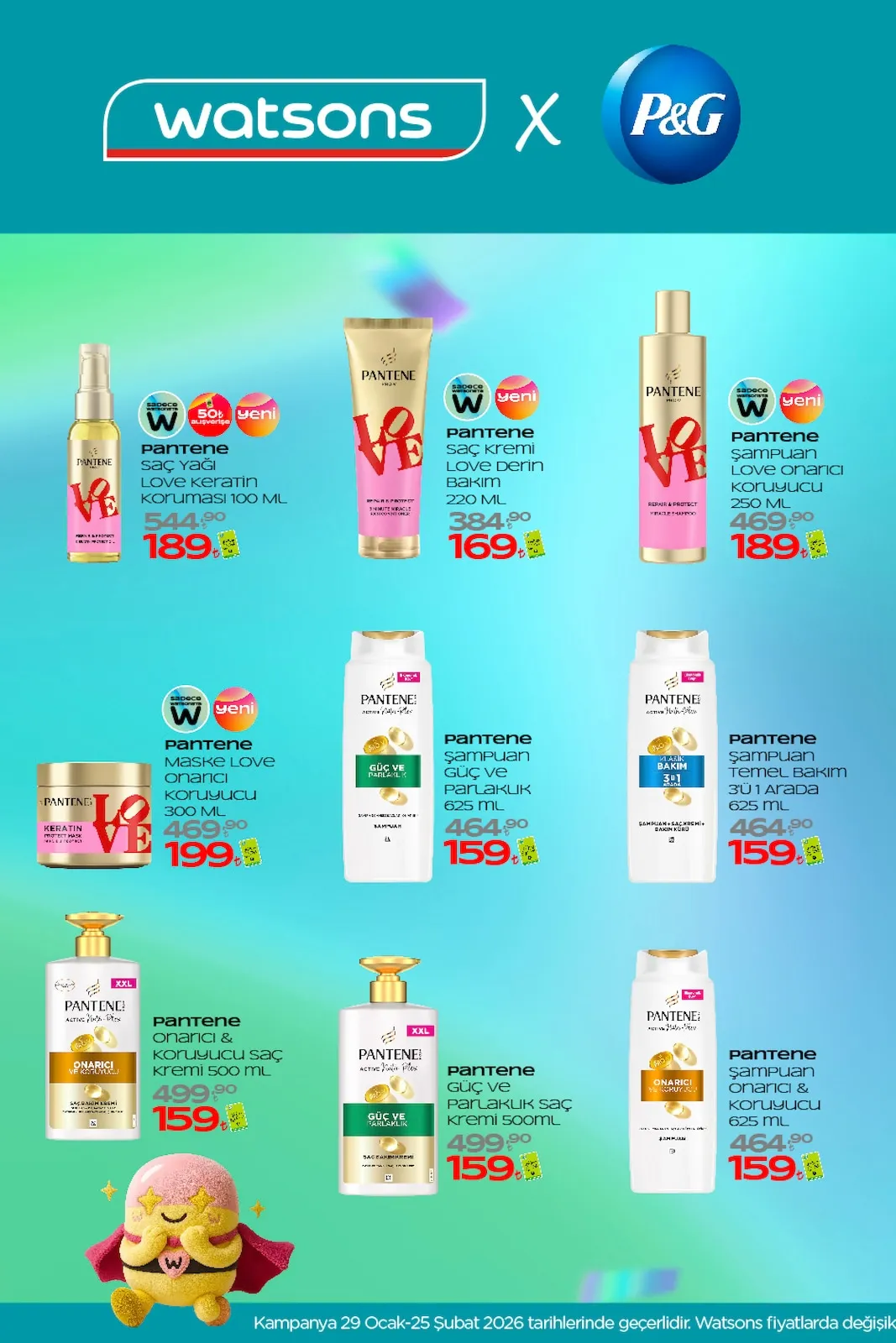 Watsons Watsons 29 Ocak 2026 Aktüel Kataloğu sayfa 2: Pantene Onarıcı & Koruyucu Saç Kremi 500 Ml, Pantene Şampuan Temel Bakım 3'Ü 1 Arada 625 Ml