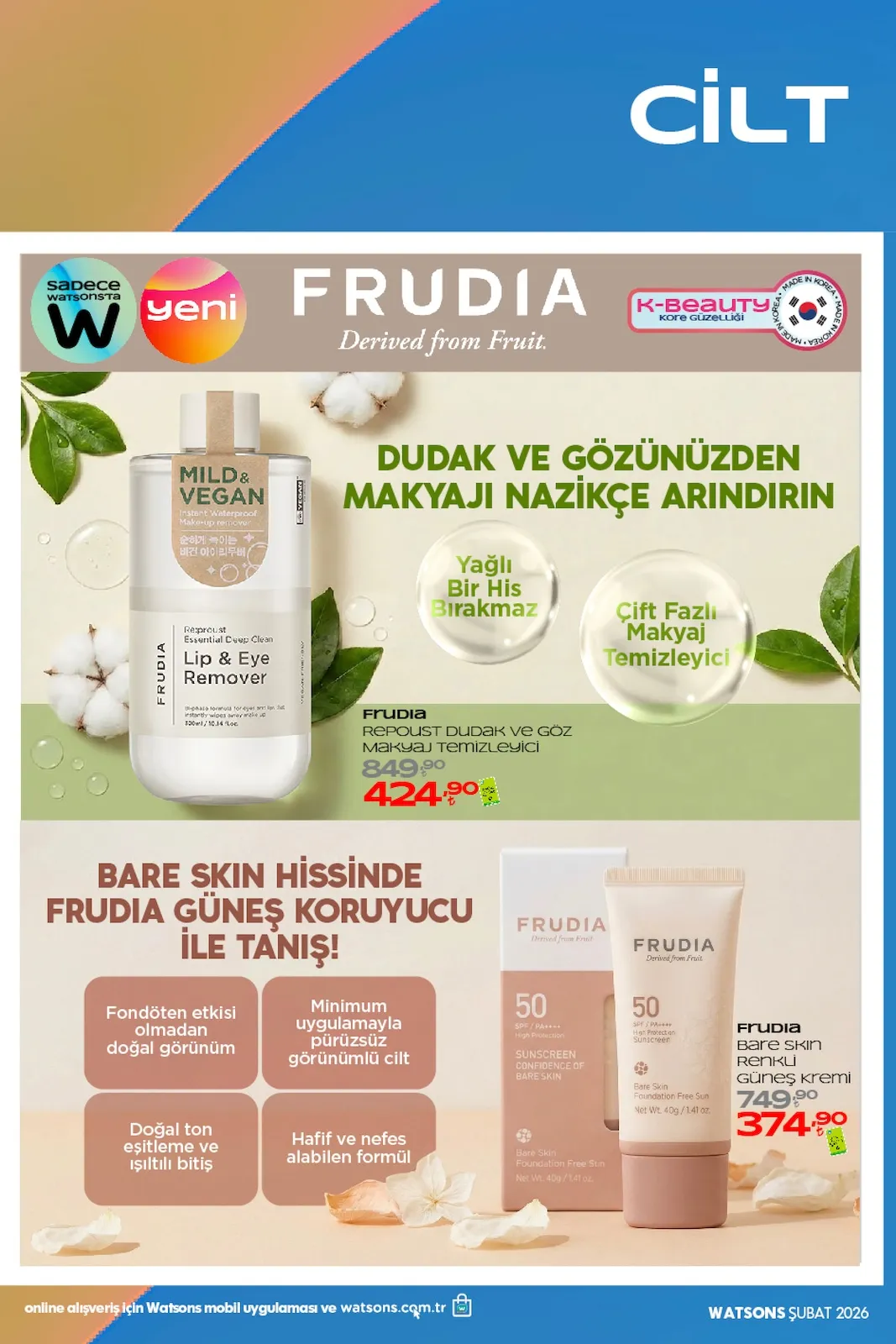 Watsons Watsons 29 Ocak 2026 Aktüel Kataloğu sayfa 30: Frudia Bare Skin Renkli Güneş Kremi, Frudia Repoust Dudak Ve Göz Makyaj Temizleyici