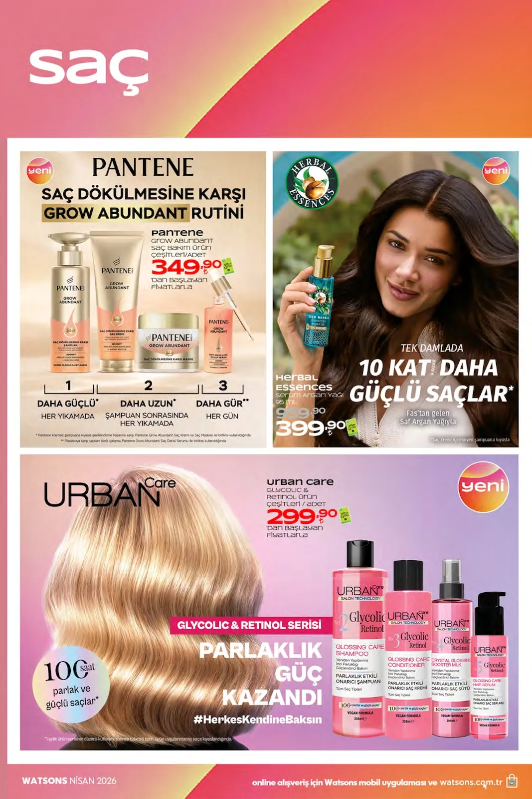 Watsons Watsons 26 Mart 2026 Aktüel Kataloğu sayfa 30: Pantene Grow Abundant Saç Bakım Ürün Çeşitleri, Urban Care Glycolic & Retinol Serisi