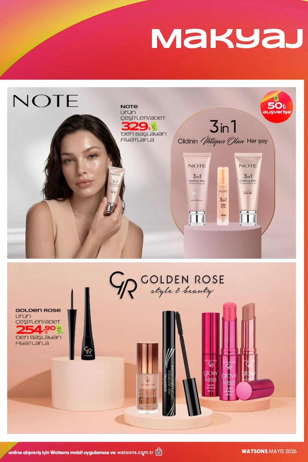 Watsons Watsons 28 Nisan 2026 Aktüel Kataloğu sayfa 15: Note 3'Lü 3'Ü 1 Arada Cilt Bakım Kremi, Golden Rose Koleksiyon 6'Lı Makyaj Seti