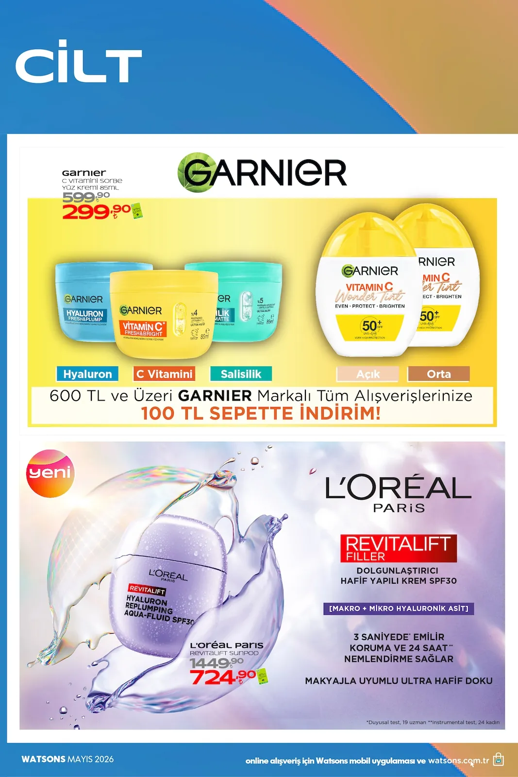 Watsons Watsons 28 Nisan 2026 Aktüel Kataloğu sayfa 24: L'Oréal Paris Revitalift Filler Dolgunlaştırıcı Hafif Yapılı Krem Spf30, Garnier C Vitamini Soruze Yüz Kremi 85Ml