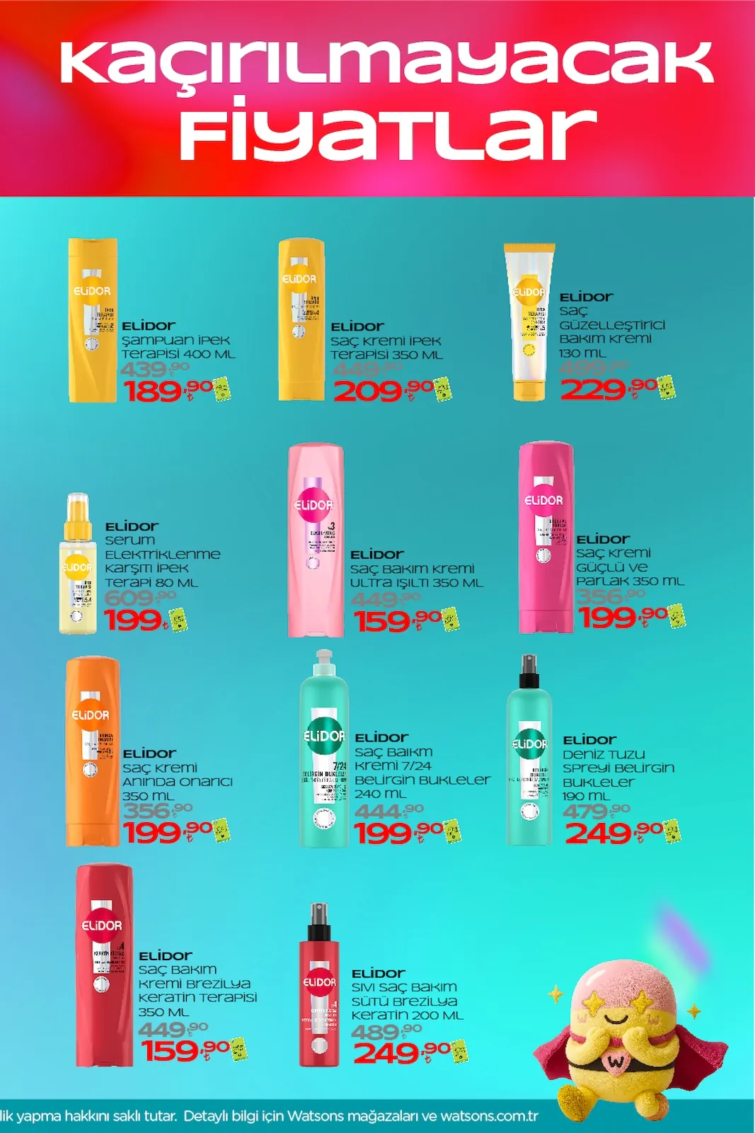 Watsons Watsons 28 Nisan 2026 Aktüel Kataloğu sayfa 3: Elidor Deniz Tuzu Spreyi Belirgin Bukleler 190 Ml, Elidor Saç Bakım Kremi 7/24 Belirgin Bukleler 240 Ml