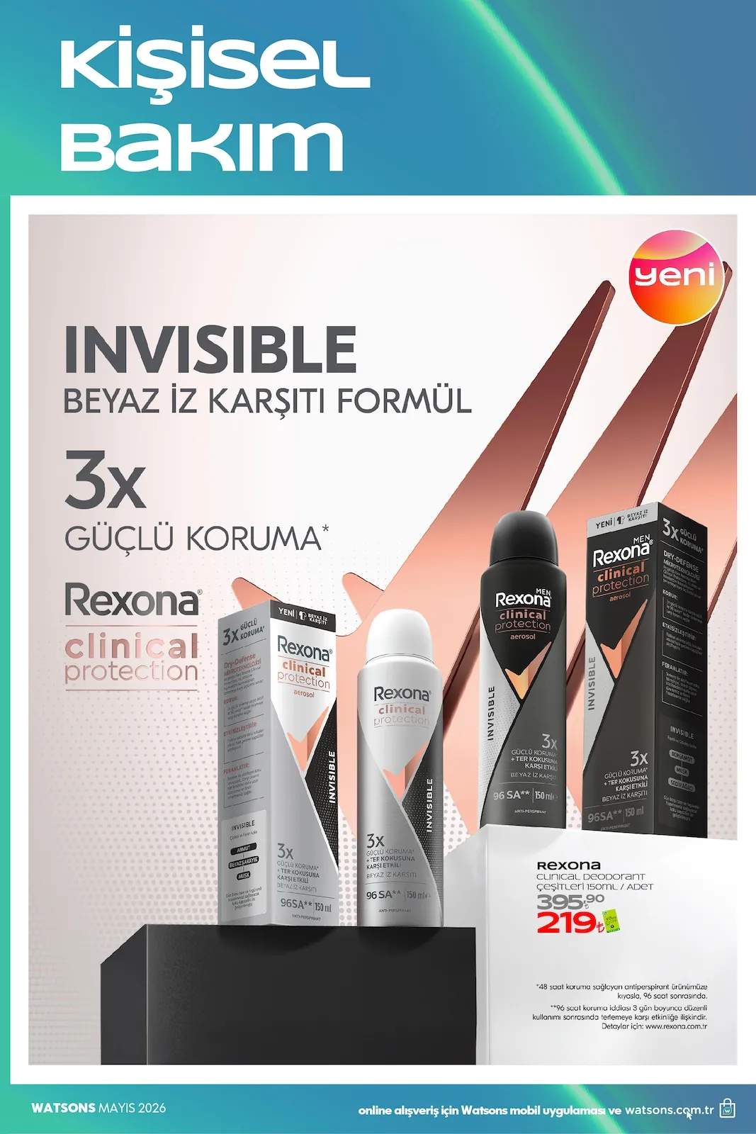Watsons Watsons 28 Nisan 2026 Aktüel Kataloğu sayfa 37: Rexona Invisible Beyaz İz Karşıtı Güçlü Koruma Aerosol 150Ml