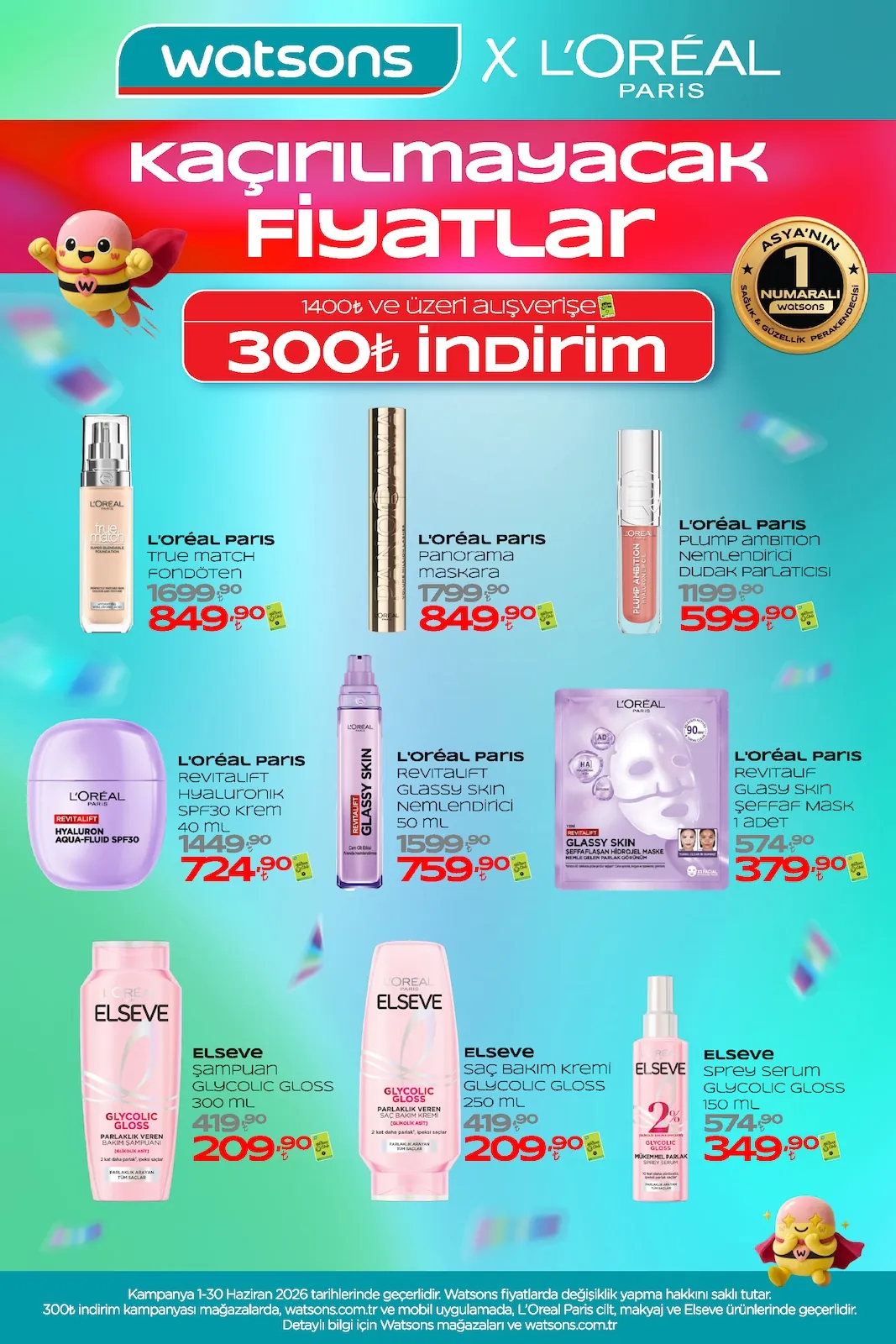 Watsons Watsons 1 Haziran 2026 Aktüel Kataloğu sayfa 3: L'Oréal Paris Volume Billion Lashes Panorama Maskara, L'Oréal Paris Revitalift Hyaluronik Spf30 Krem 40Ml