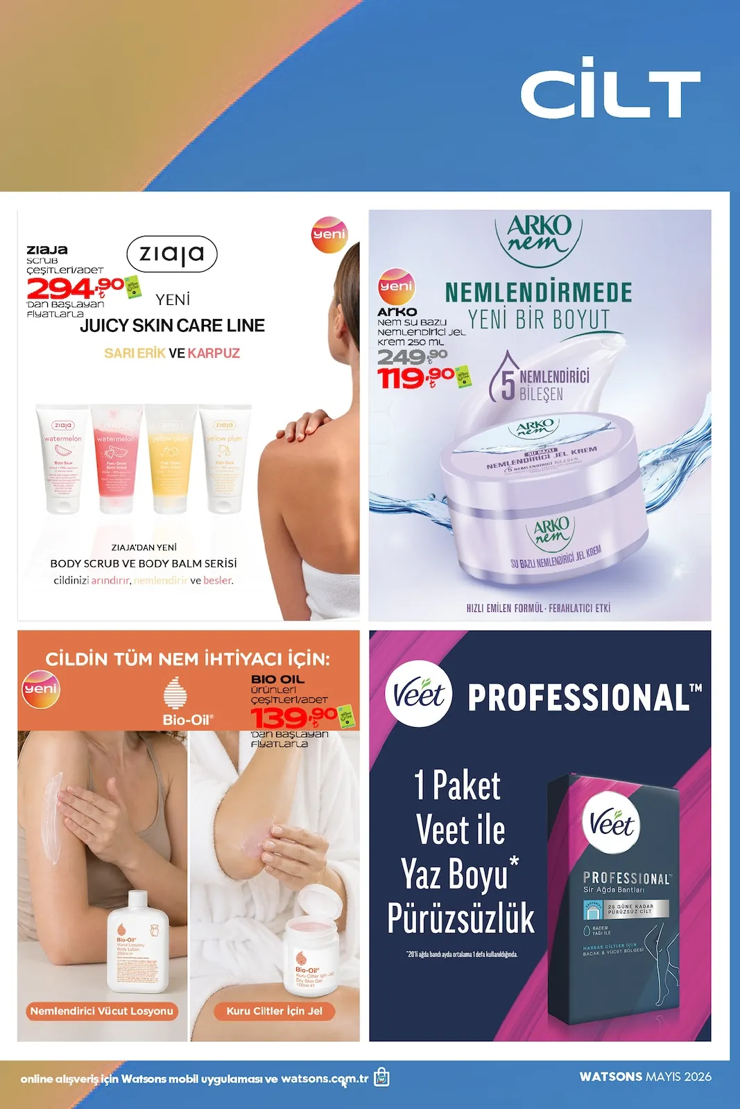 Watsons Watsons 1 Haziran 2026 Aktüel Kataloğu sayfa 32: Arko Nem Su Bazlı Nemlendirici Jel Krem 250 Ml, Ziaja Juicy Skin Care Line Sari Erik Ve Karpuz Body Scrub Ve Body Balm Serisi