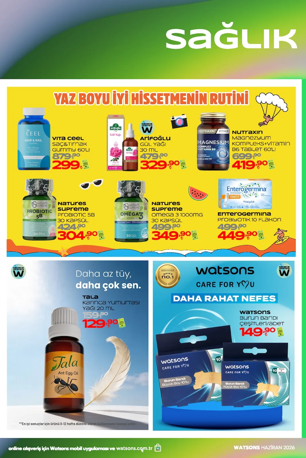 Watsons Watsons 1 Haziran 2026 Aktüel Kataloğu sayfa 50: Natures Supreme Probiotic 5B 30 Kapsül, Natures Supreme Omega 3 1000Mg 30 Kapsül