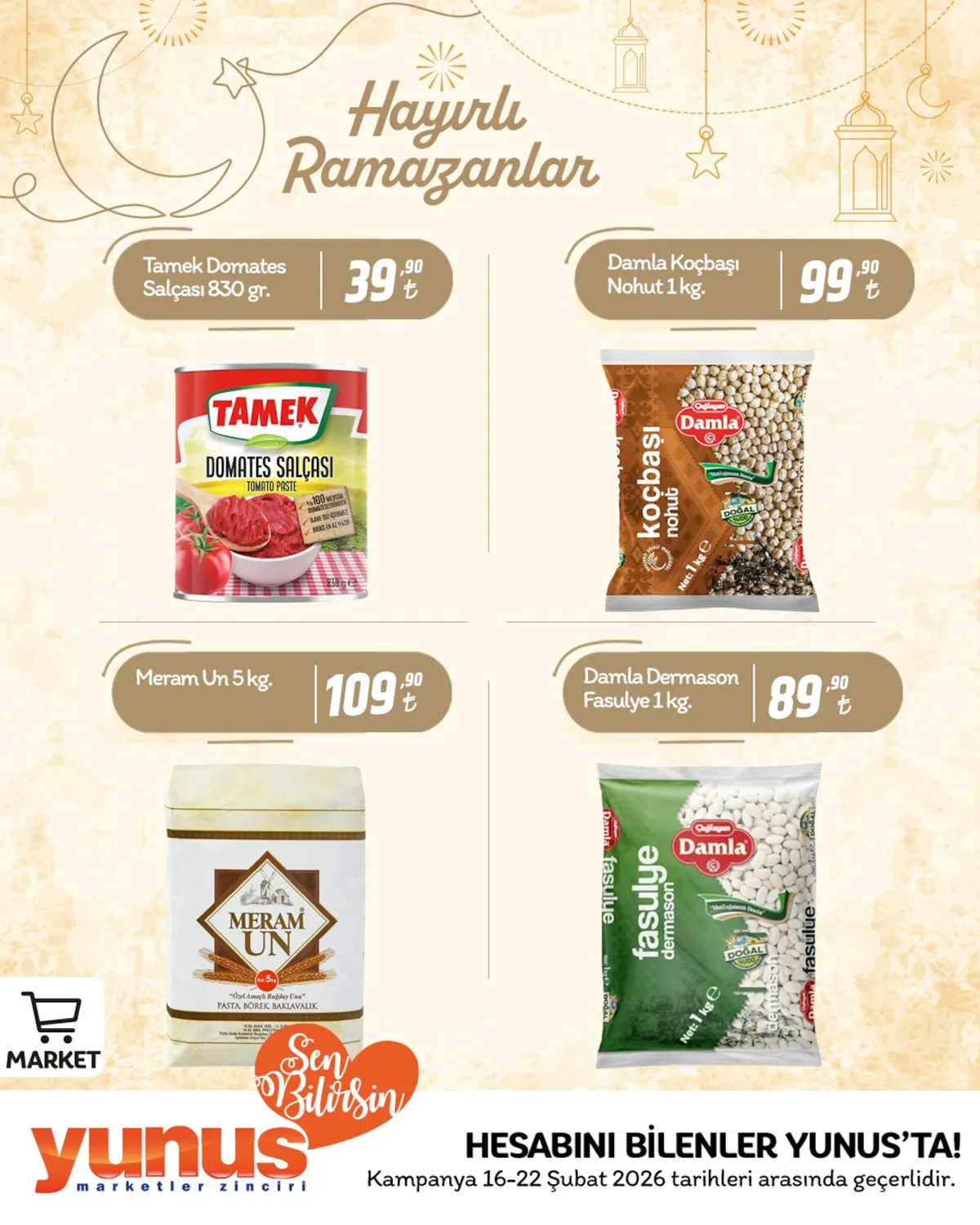 Yunus Yunus Market 16 Şubat 2026 Aktüel Kataloğu sayfa 9: Damla Koçbaşı Nohut 1 Kg., Meram Un 5 Kg.